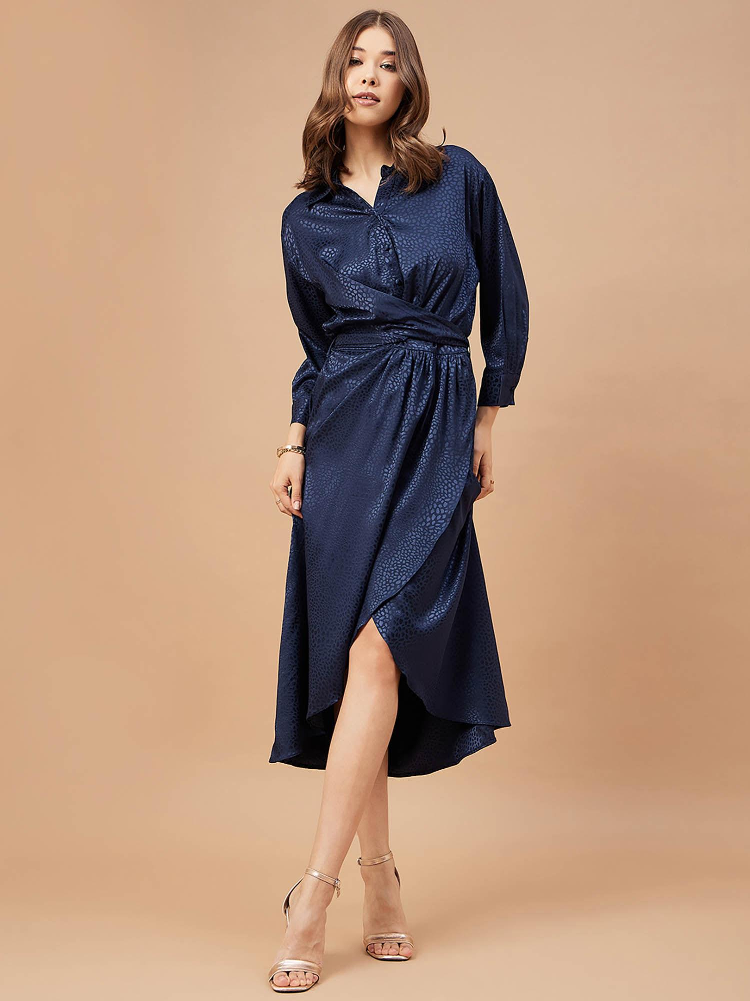 women blue grey print satin flutter sleeve round neck dress