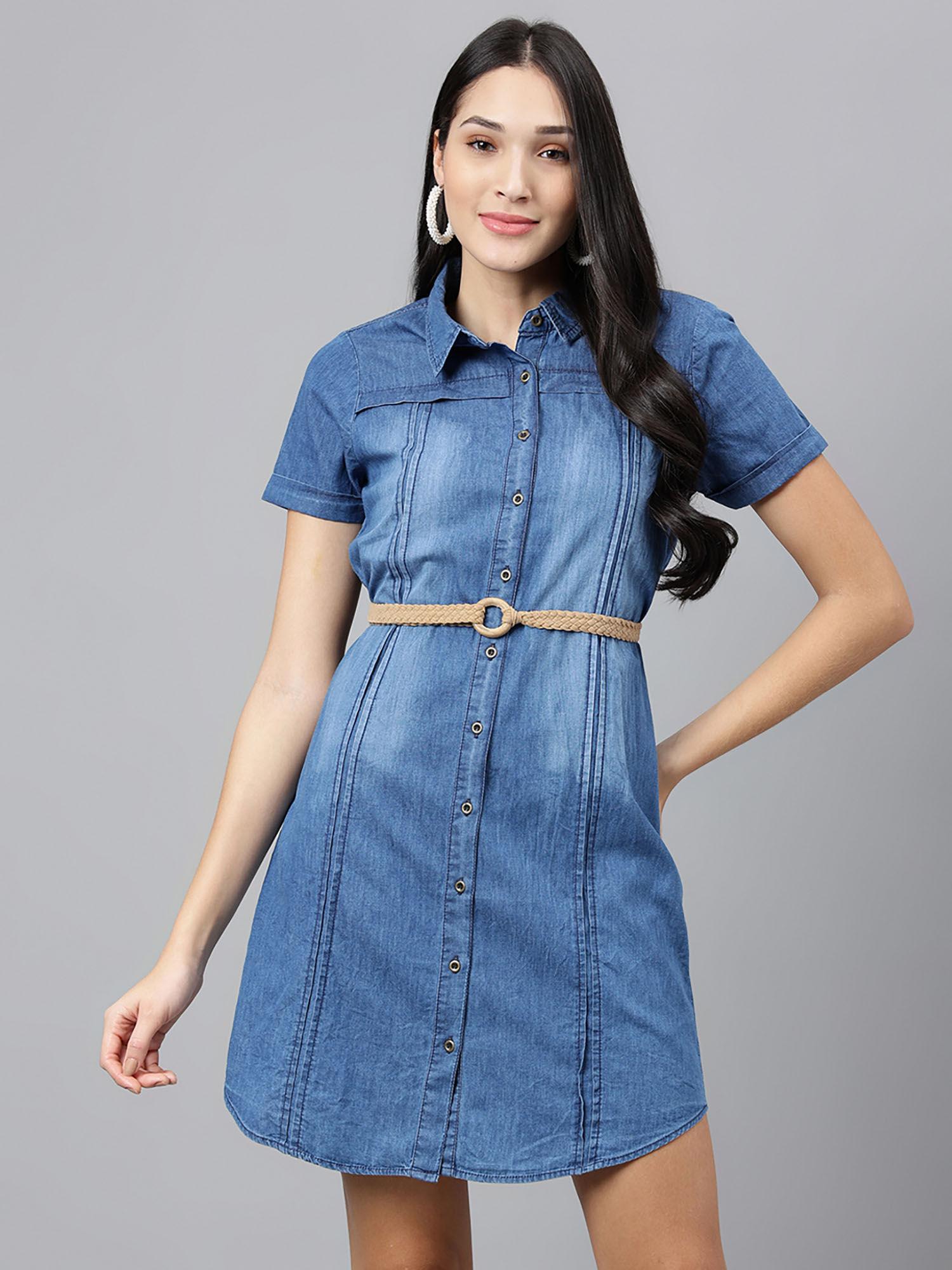 women blue half sleeve denim dress with belt (set of 2)