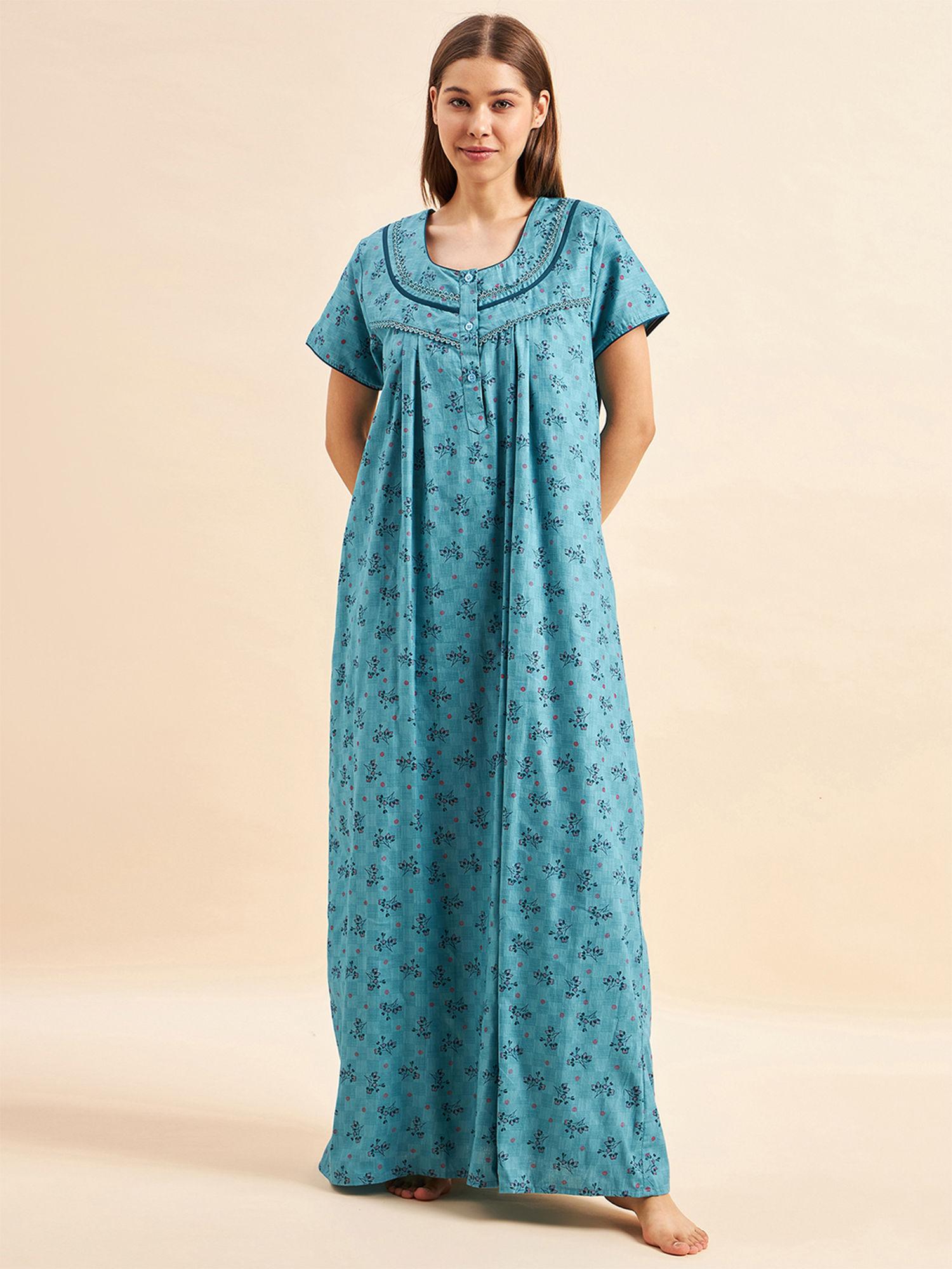 women blue half sleeves night gown