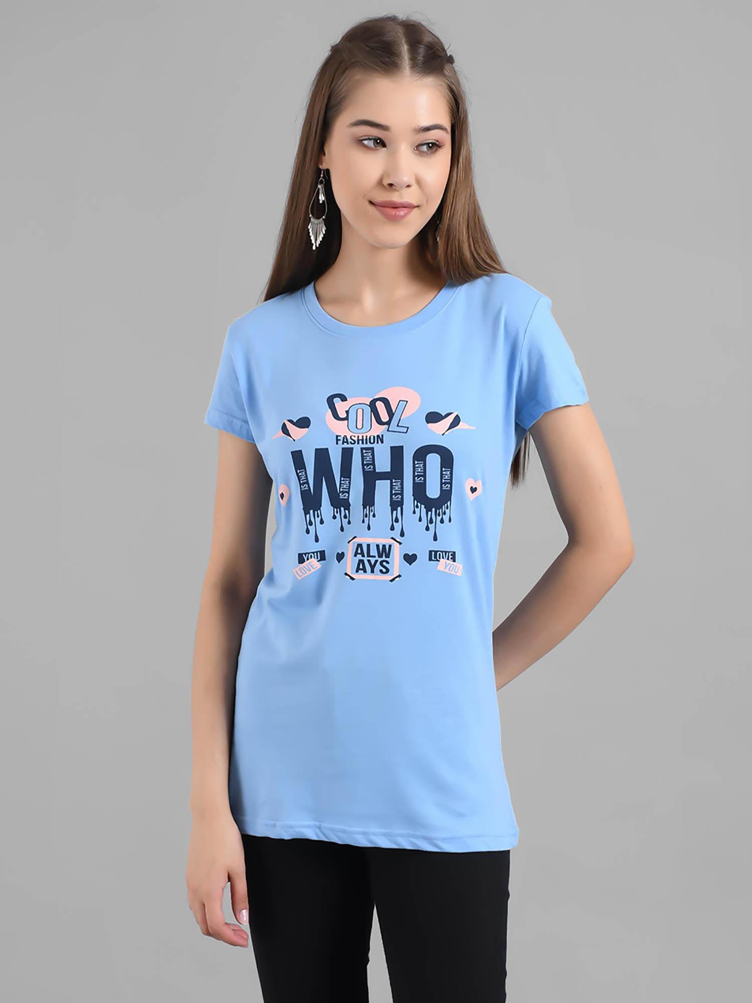 women blue half sleeves round neck printed t-shirt