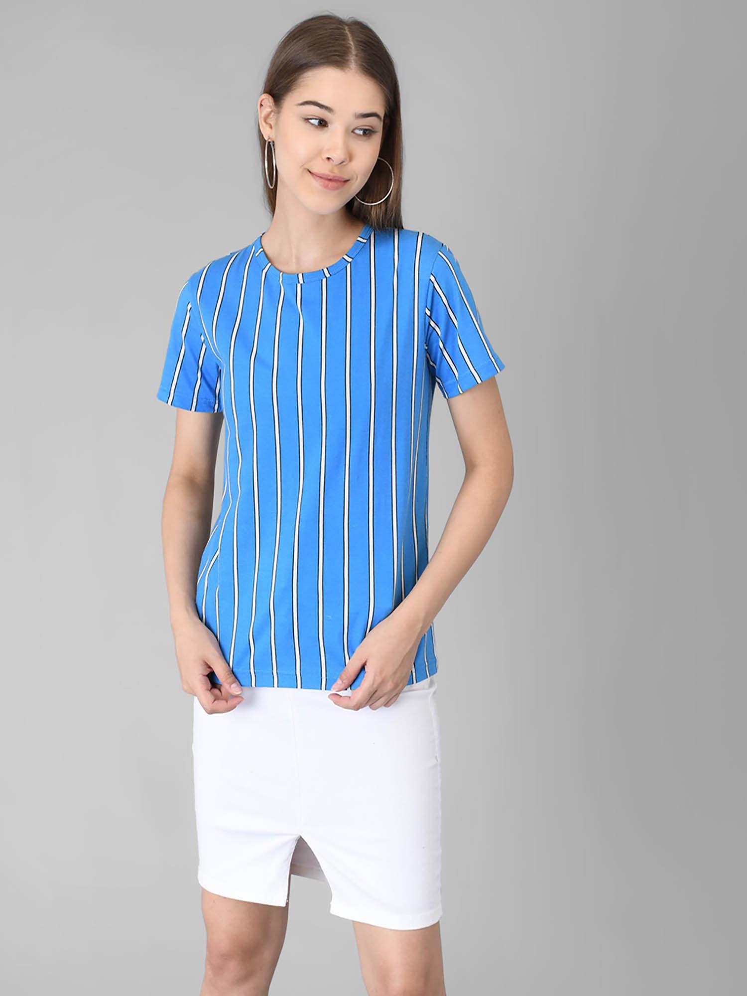 women blue half sleeves round neck stripes t-shirt