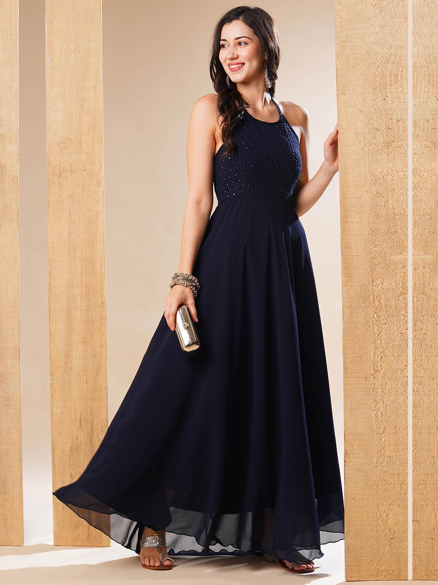 women blue halter tie-up neck embroidered & sequinned yoke fit & flare festive maxi dress