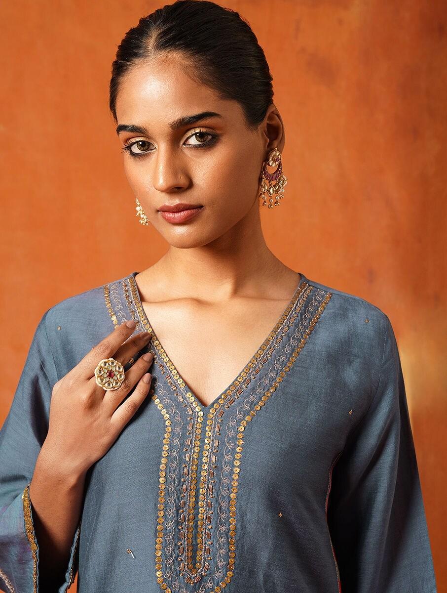 women blue hand embroidery v neck straight kurta with salwar