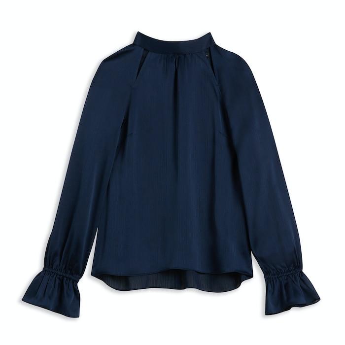 women blue high neck long sleeve blouse with cut outs