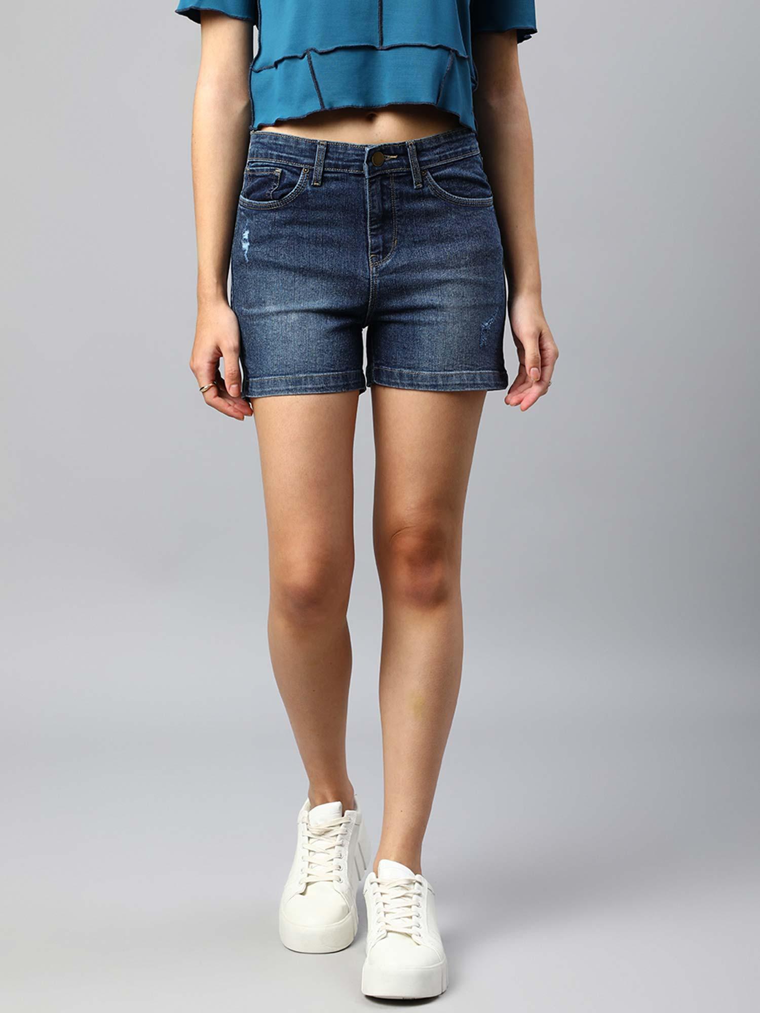 women blue high rise denim shorts