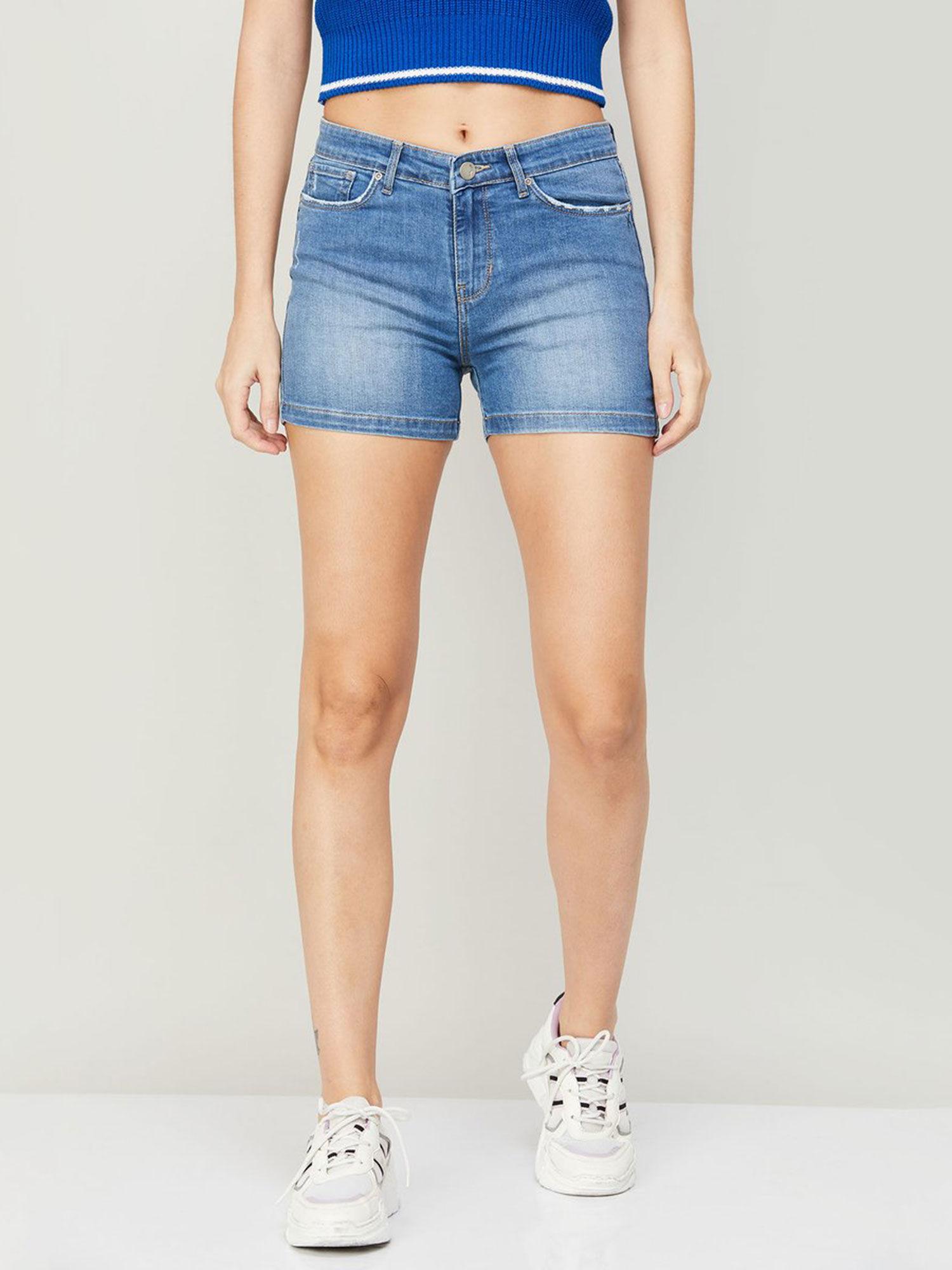 women blue high-rise distressed denim shorts