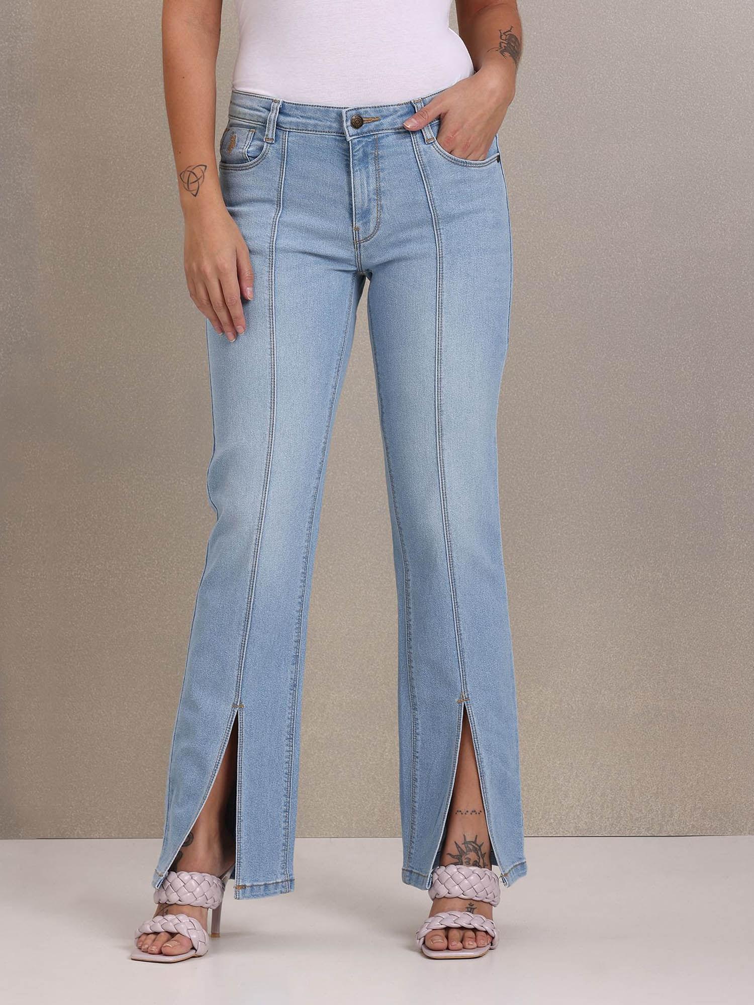 women blue high rise straight jeans