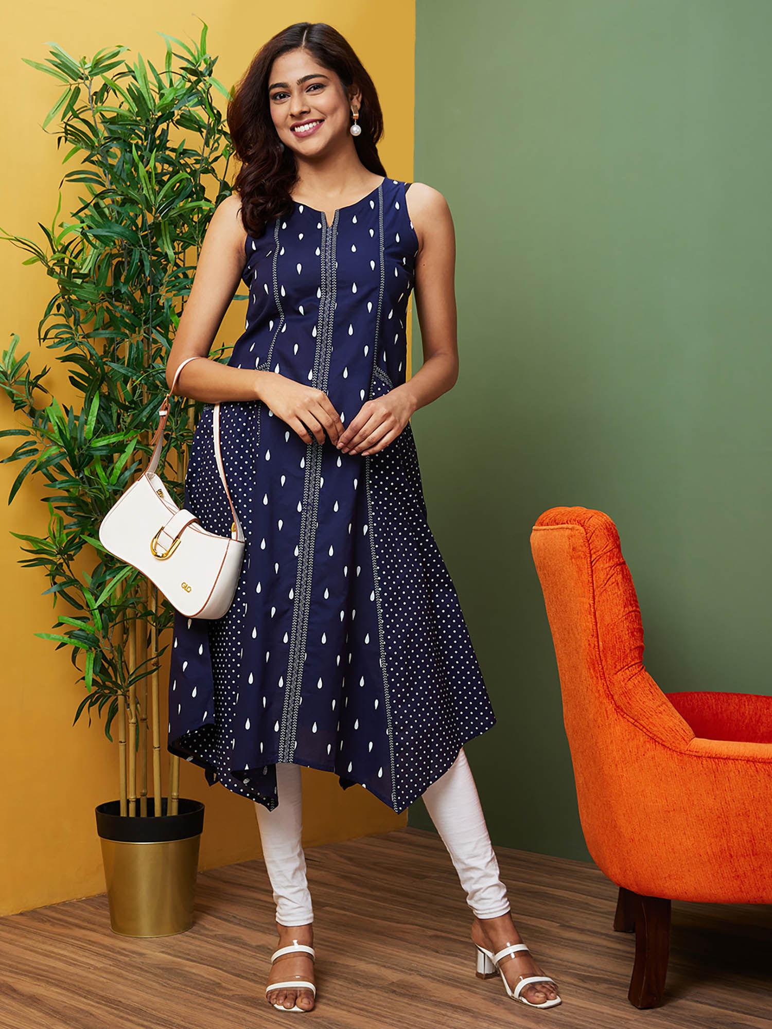 women blue indie print asymmetric hem panelled a-line kurta