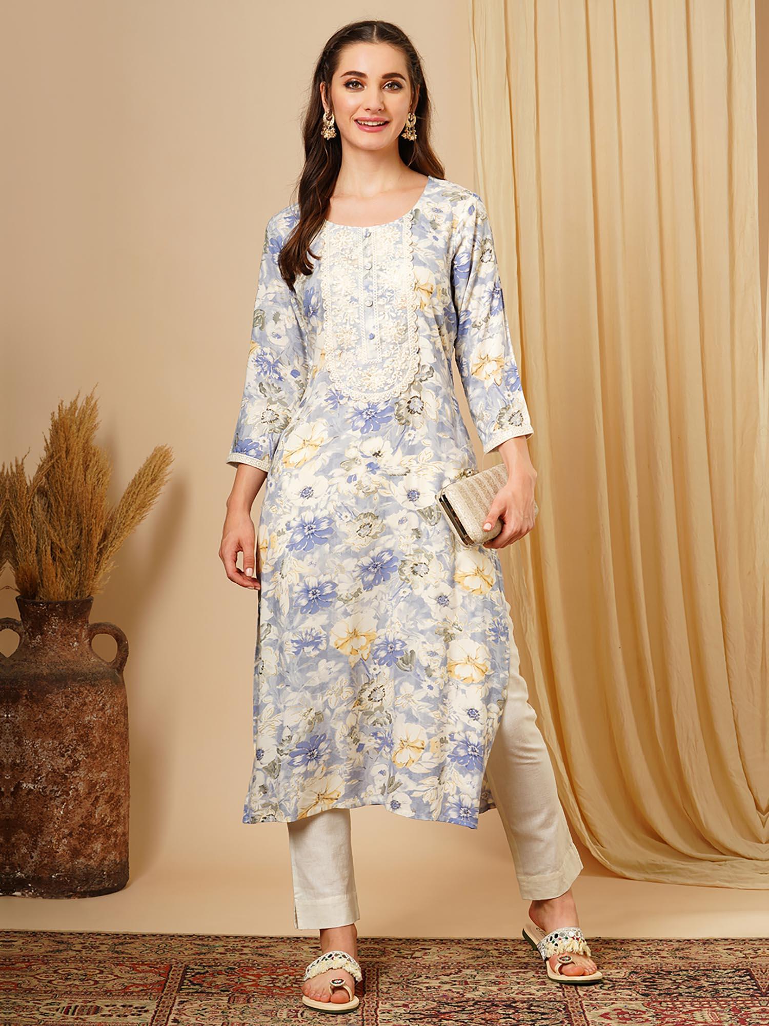 women blue lace yoke gold foil floral print a-line workwear kurta