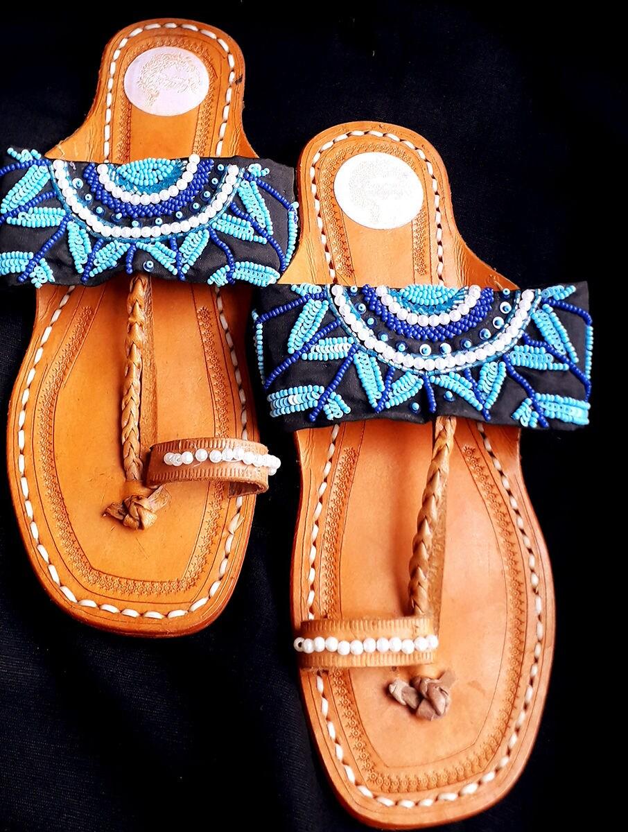 women blue leather embellished open back one toe flats kolhapuris