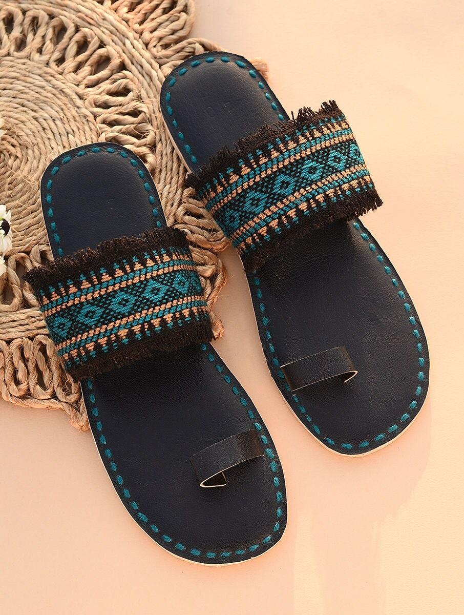 women blue leather embroidered open back one toe flats kolhapuris
