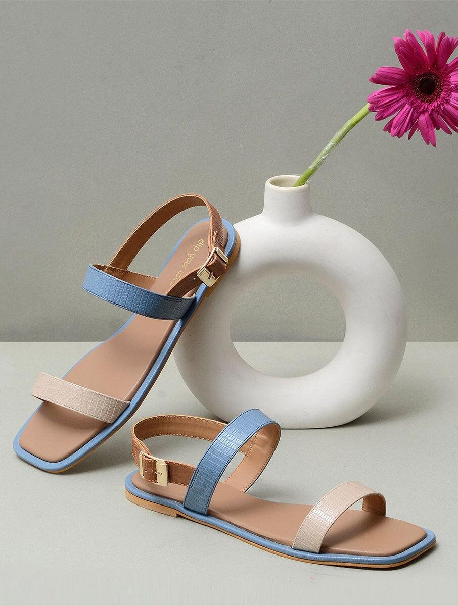 women blue leather textured backstrap sandals