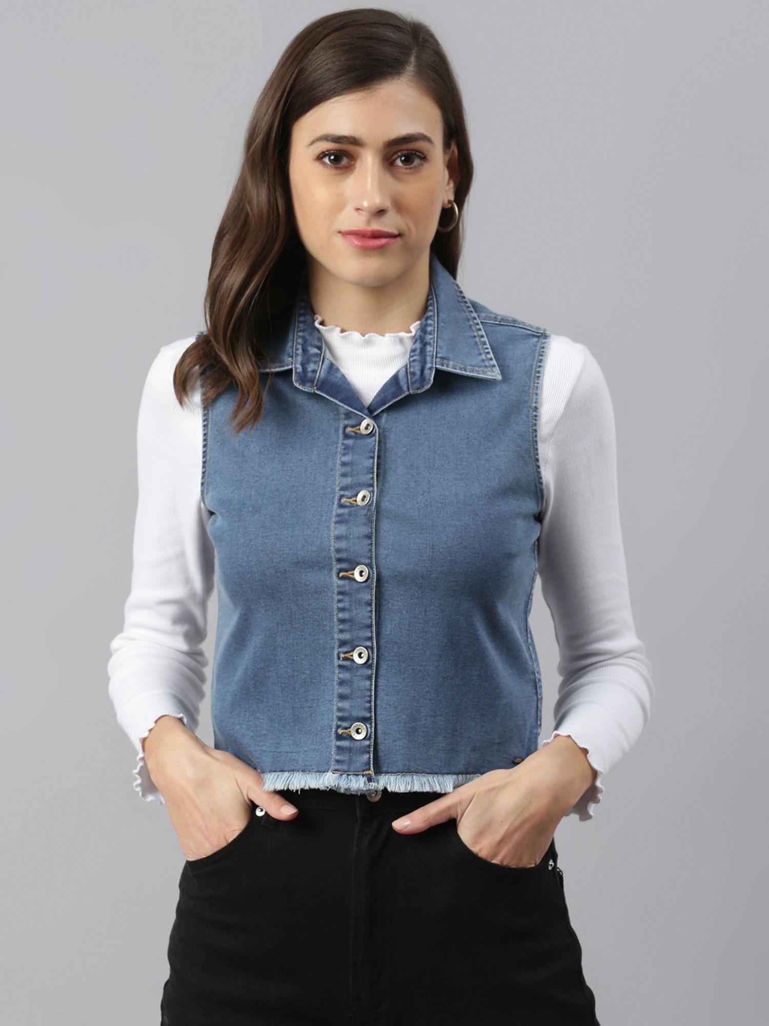 women blue lightweight crop shacket