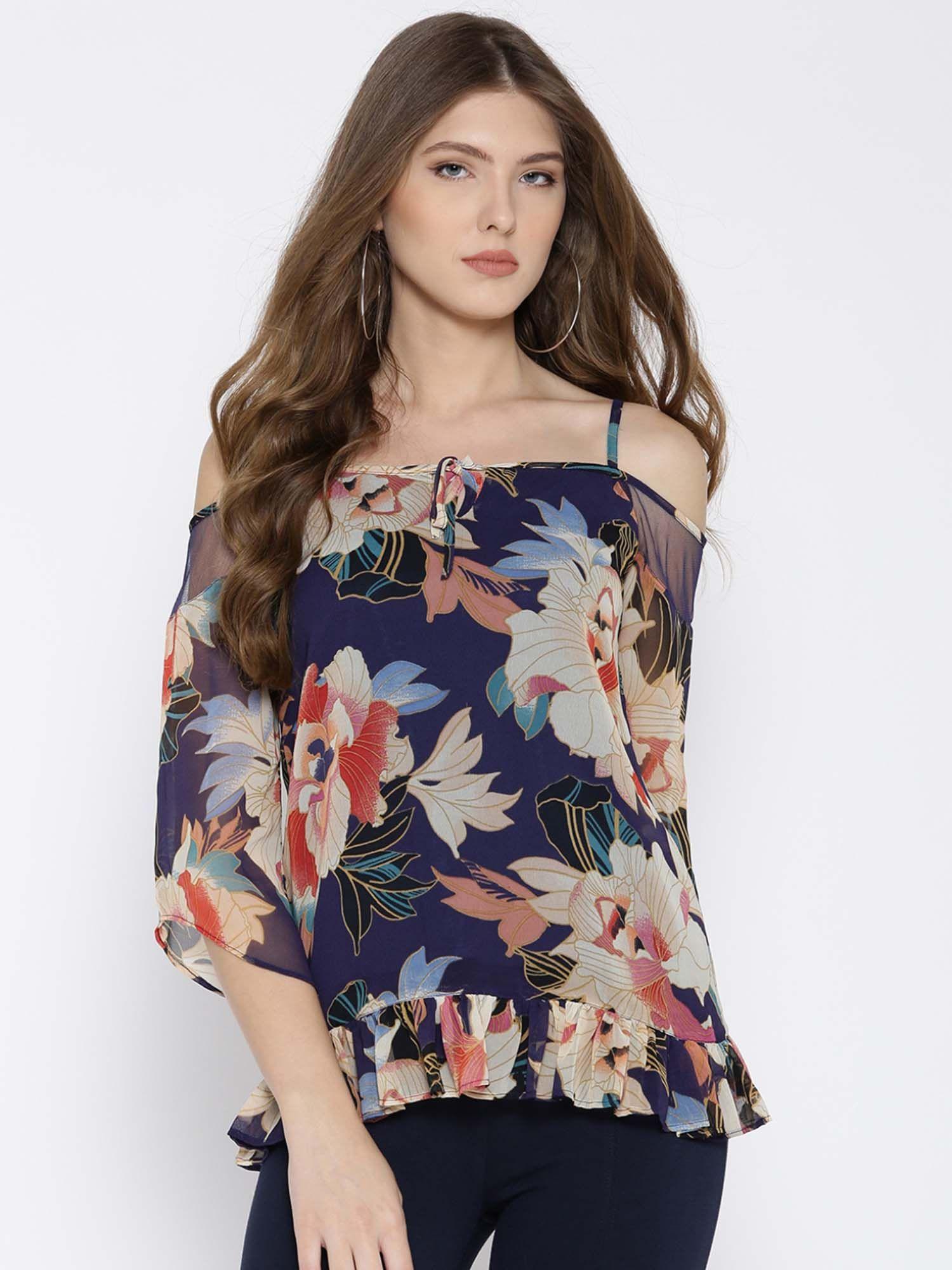 women blue lightweight floral printed bardot top