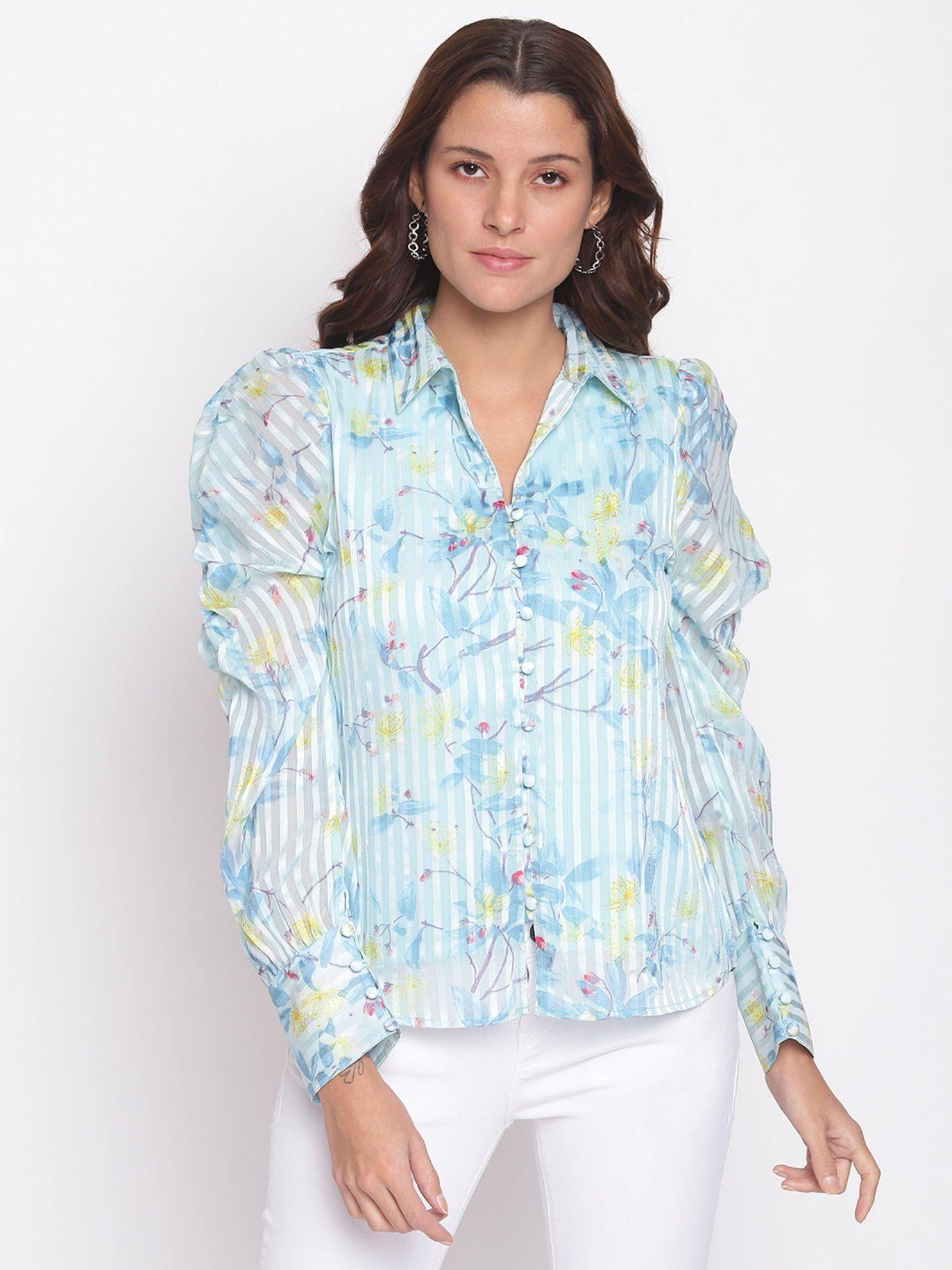 women blue long sleeve polyester shirt