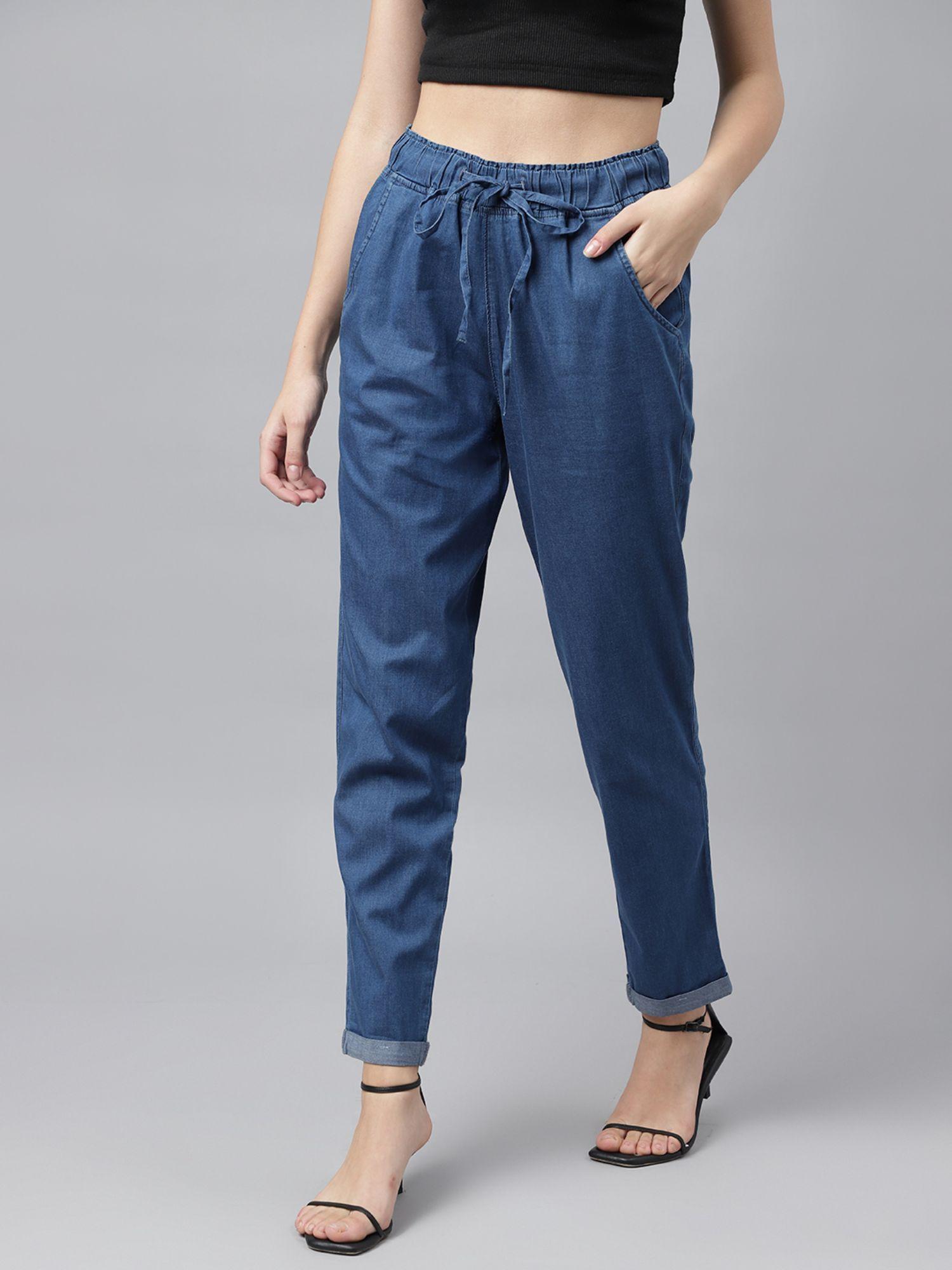 women blue loose fit solid denim trousers