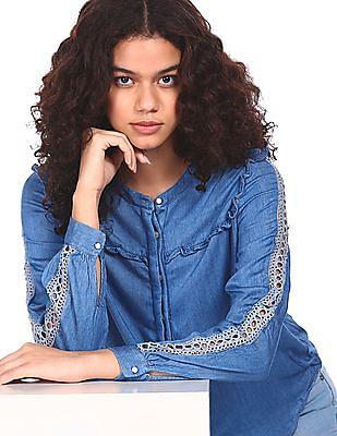 women blue mandarin collar eyelet detail sleeve top