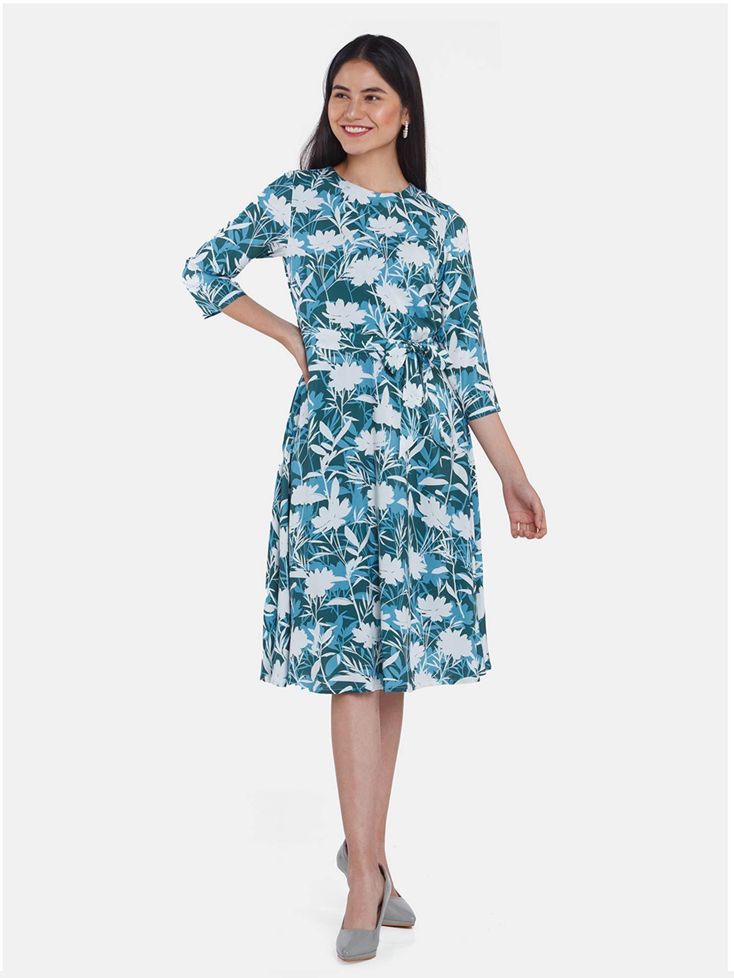 women blue mariette floral midi dress with belt