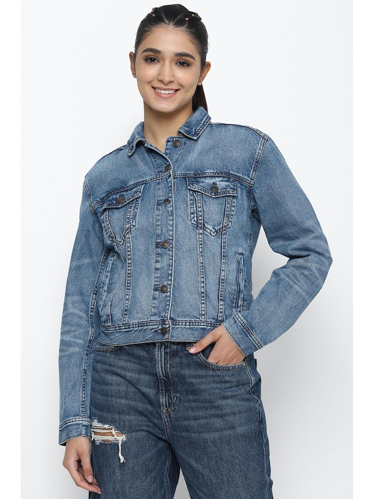 women blue medium wash classic denim jacket