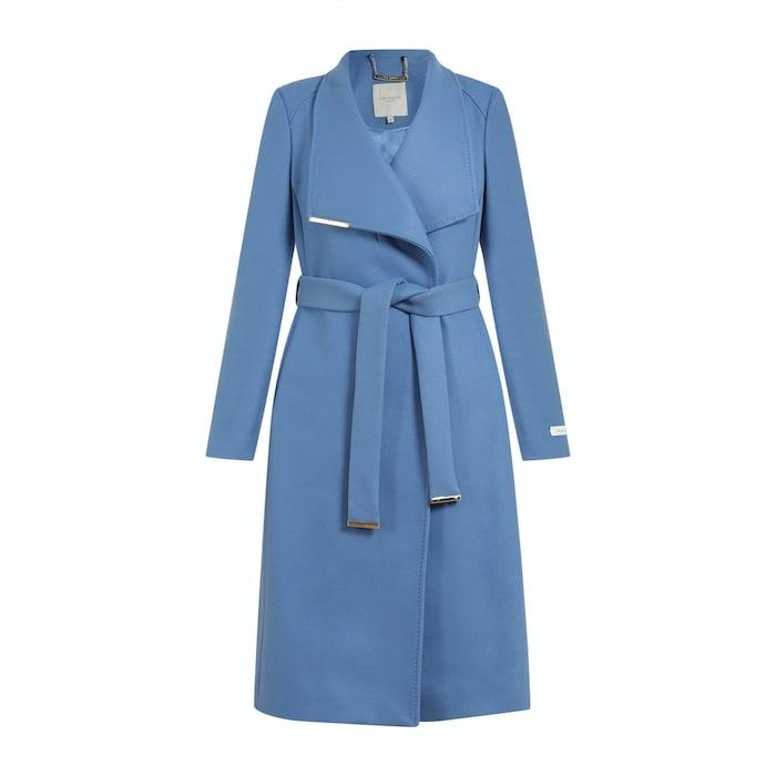 women blue mid-length solid wrap-on coat