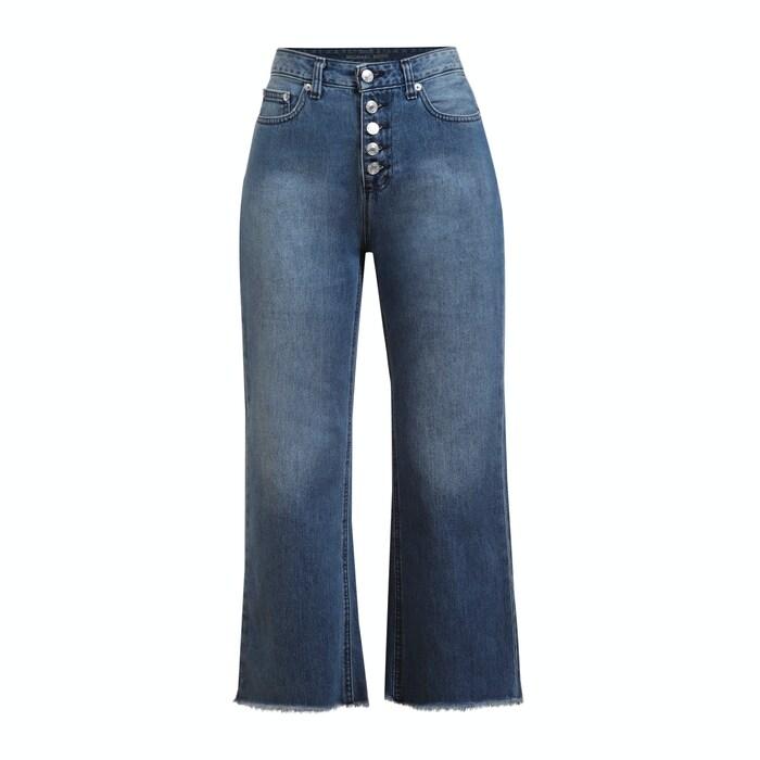 women blue mid-wash high waist cropped flare jeans