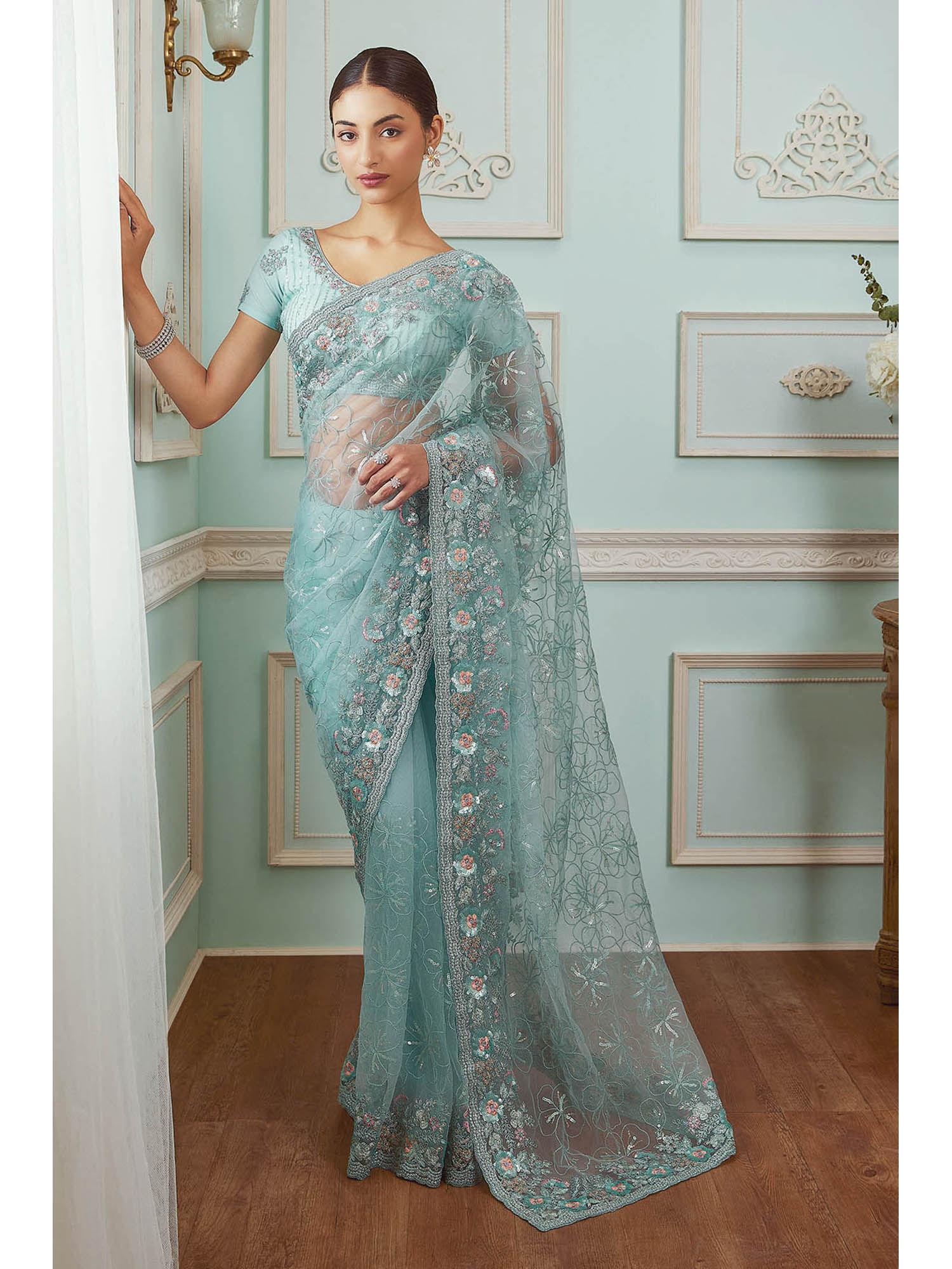 women blue net embellished sequined saree with unstitched