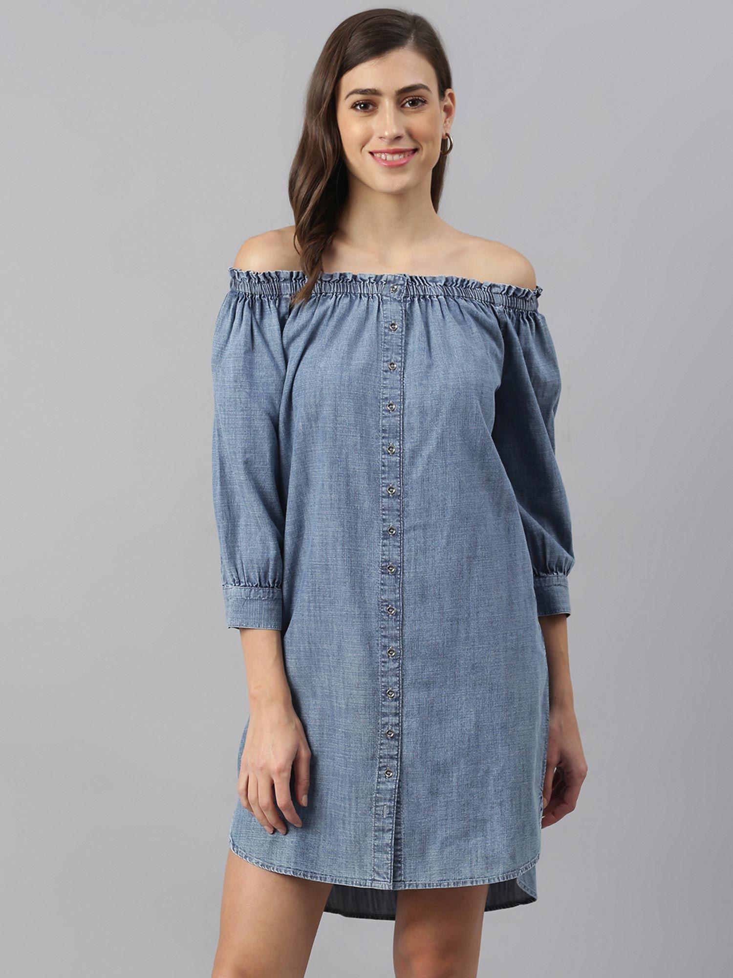 women blue off shoulder denim dress