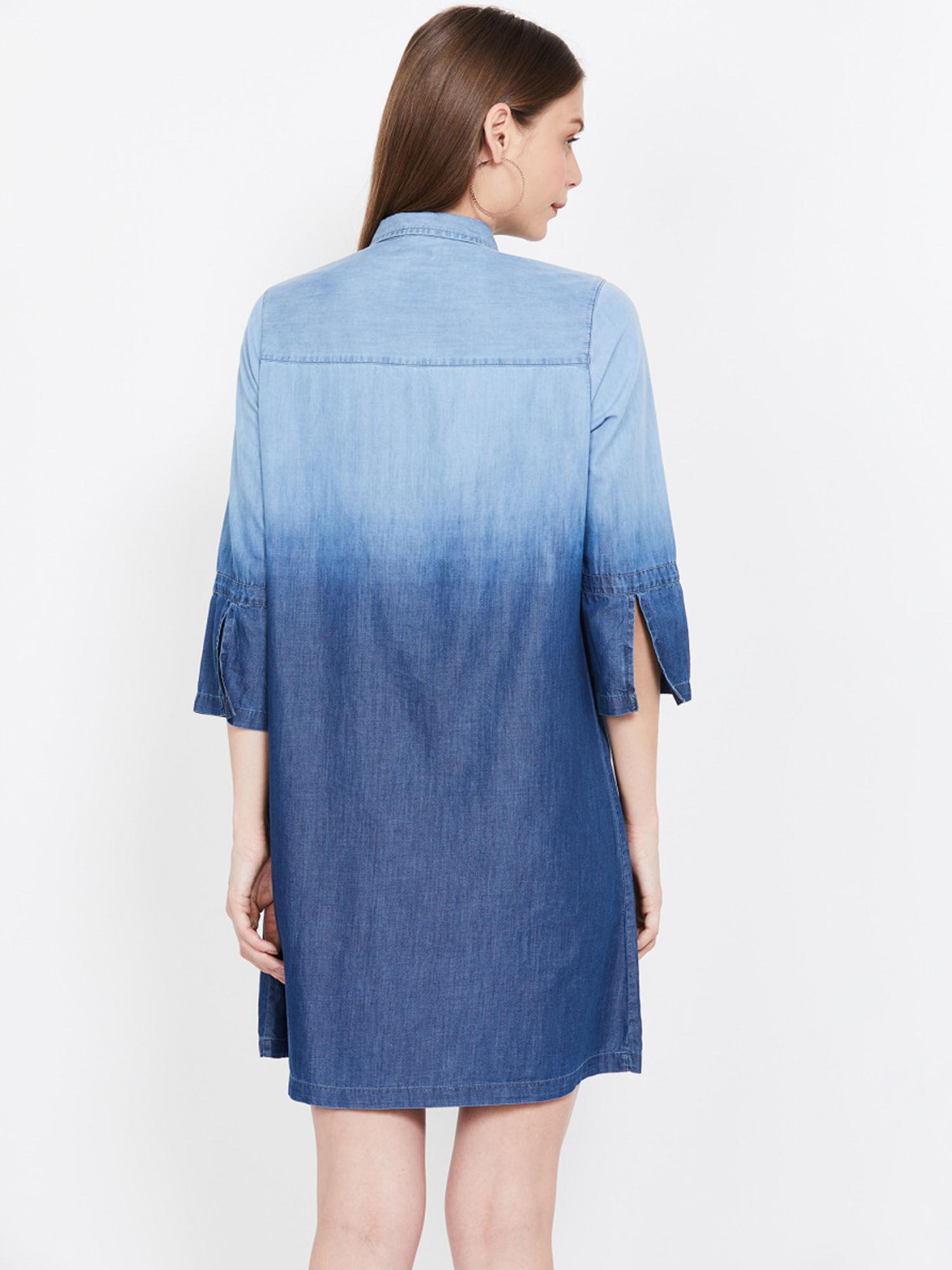 women blue ombre effect denim shirt dress