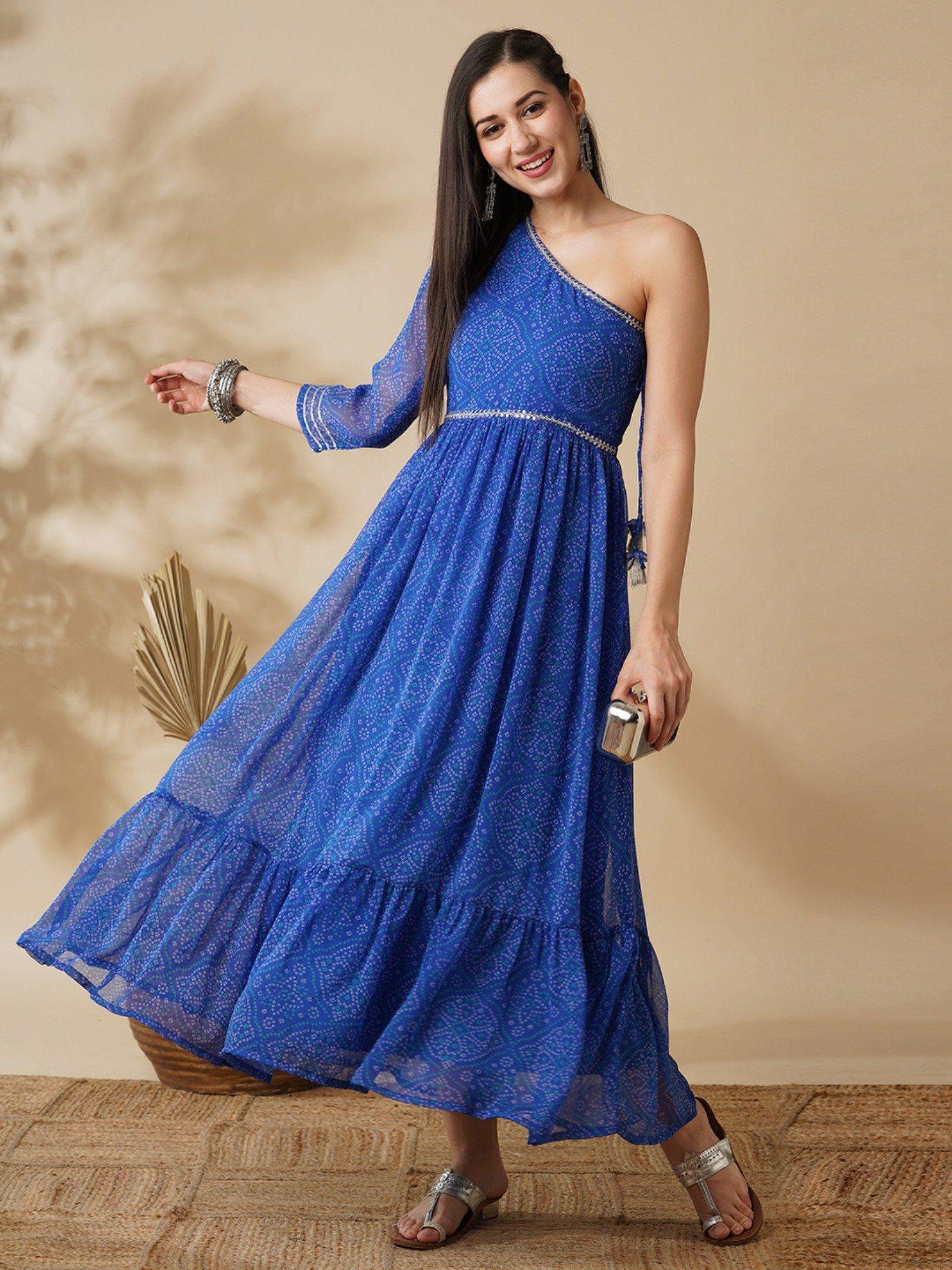 women blue one shoulder bandhani print fit & flare dress maxi dress