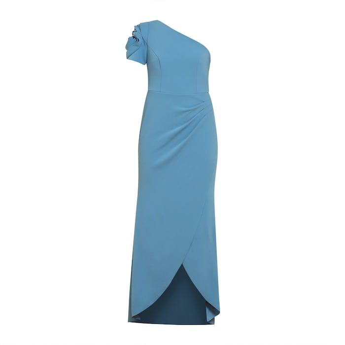 women blue one-shoulder sheath dress with rose detailed sleeve