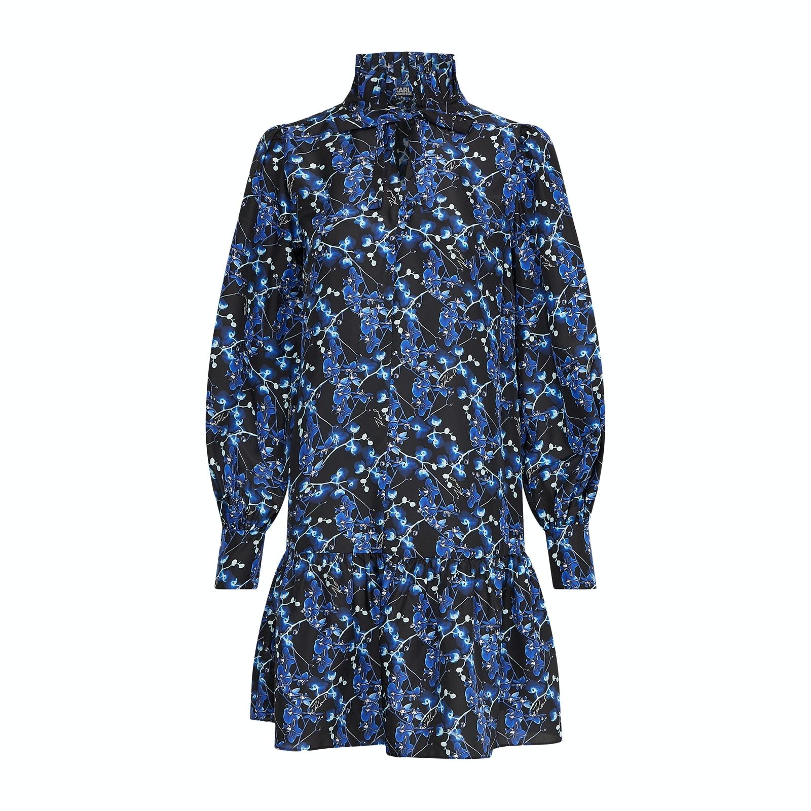 women blue orchid print silk dress