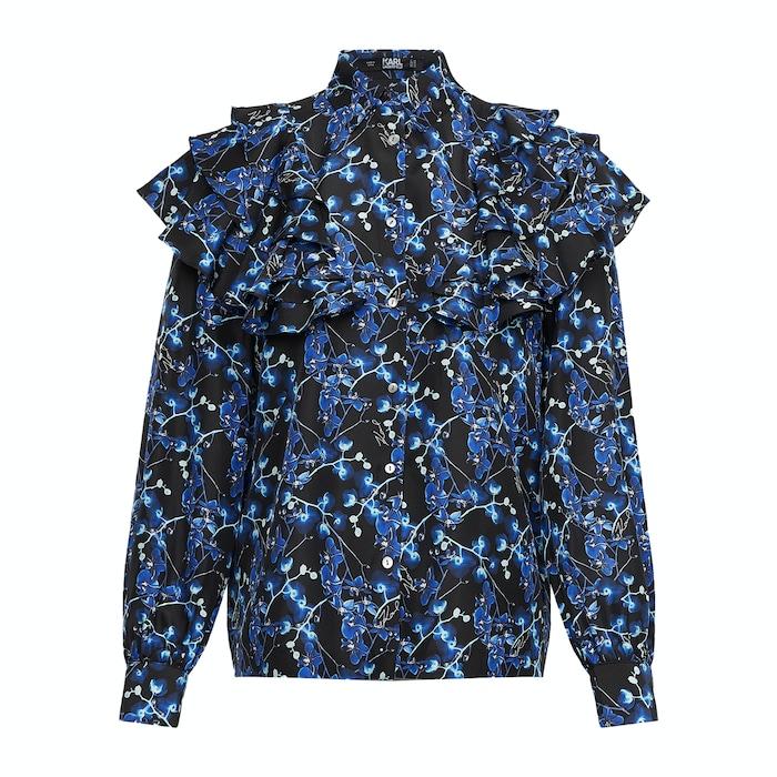 women blue orchid print silk shirt blouse