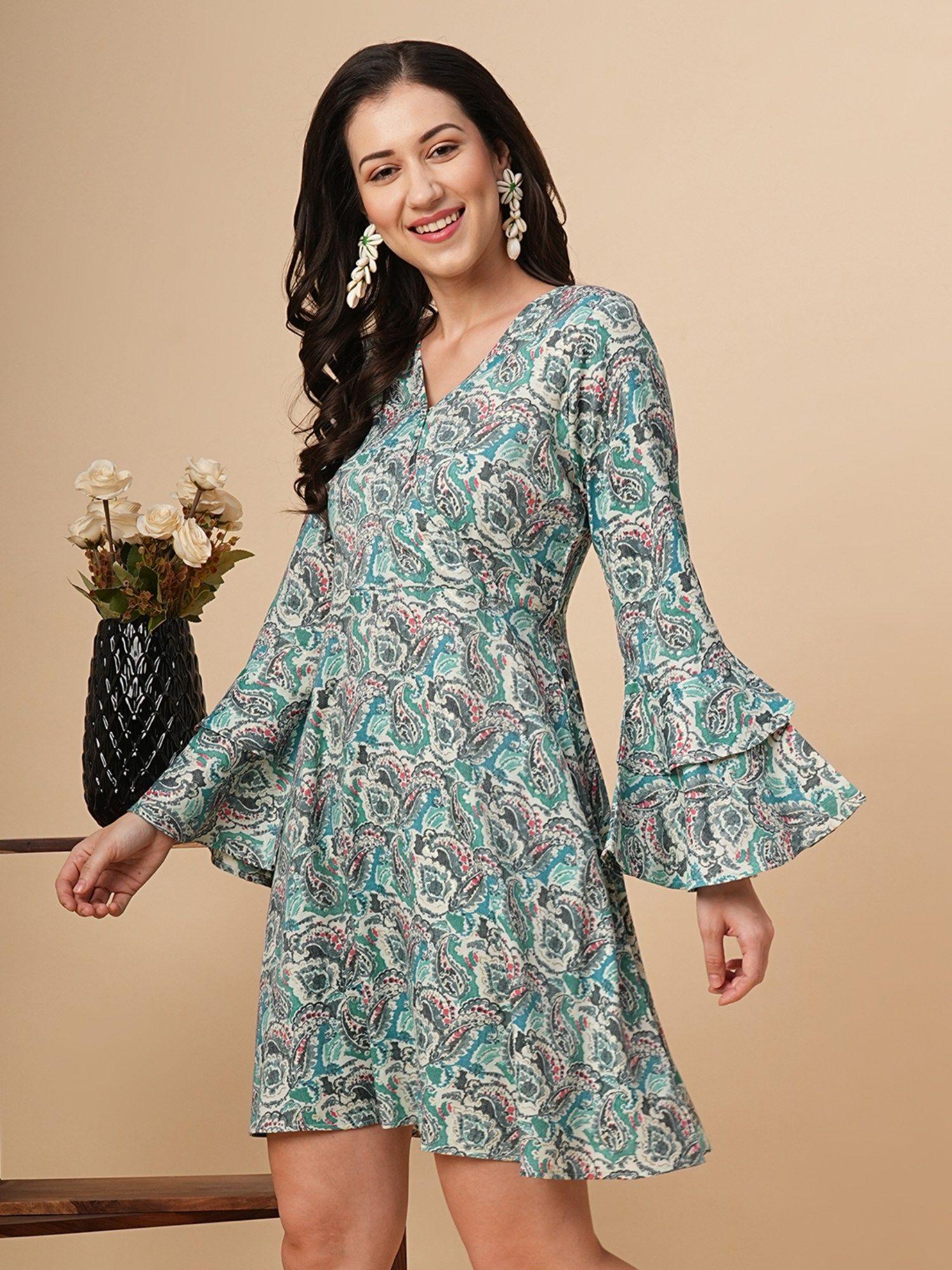 women blue overlapped-v neck printed paisley floral a-line dress