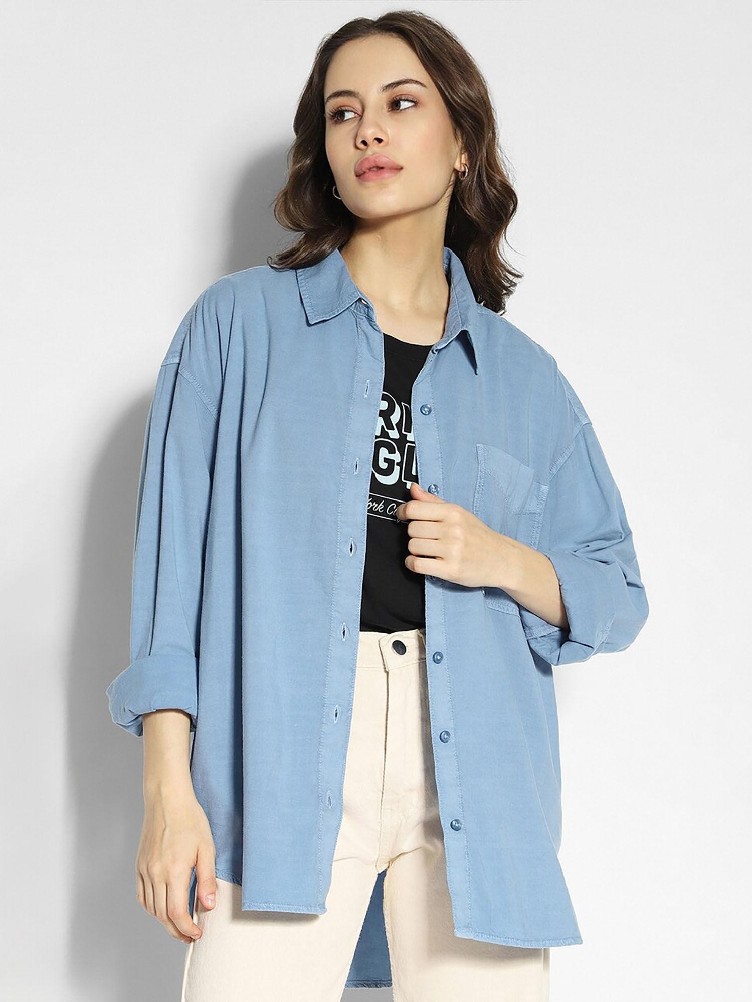 women blue perfect button-up shirt