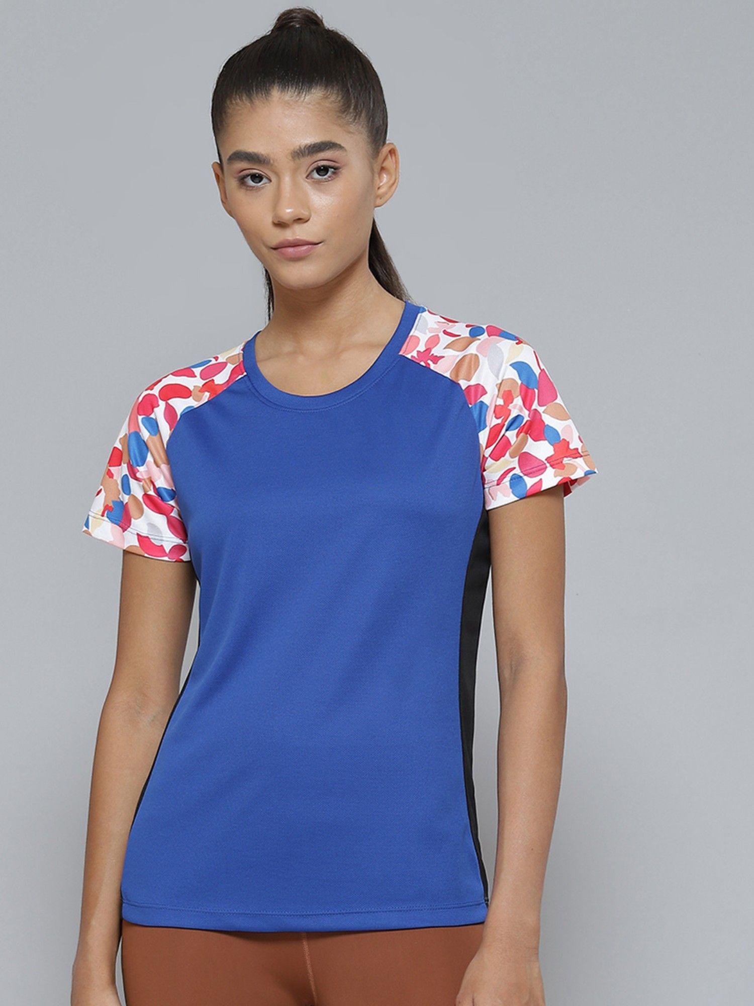 women blue pink printed slim fit sports t-shirt