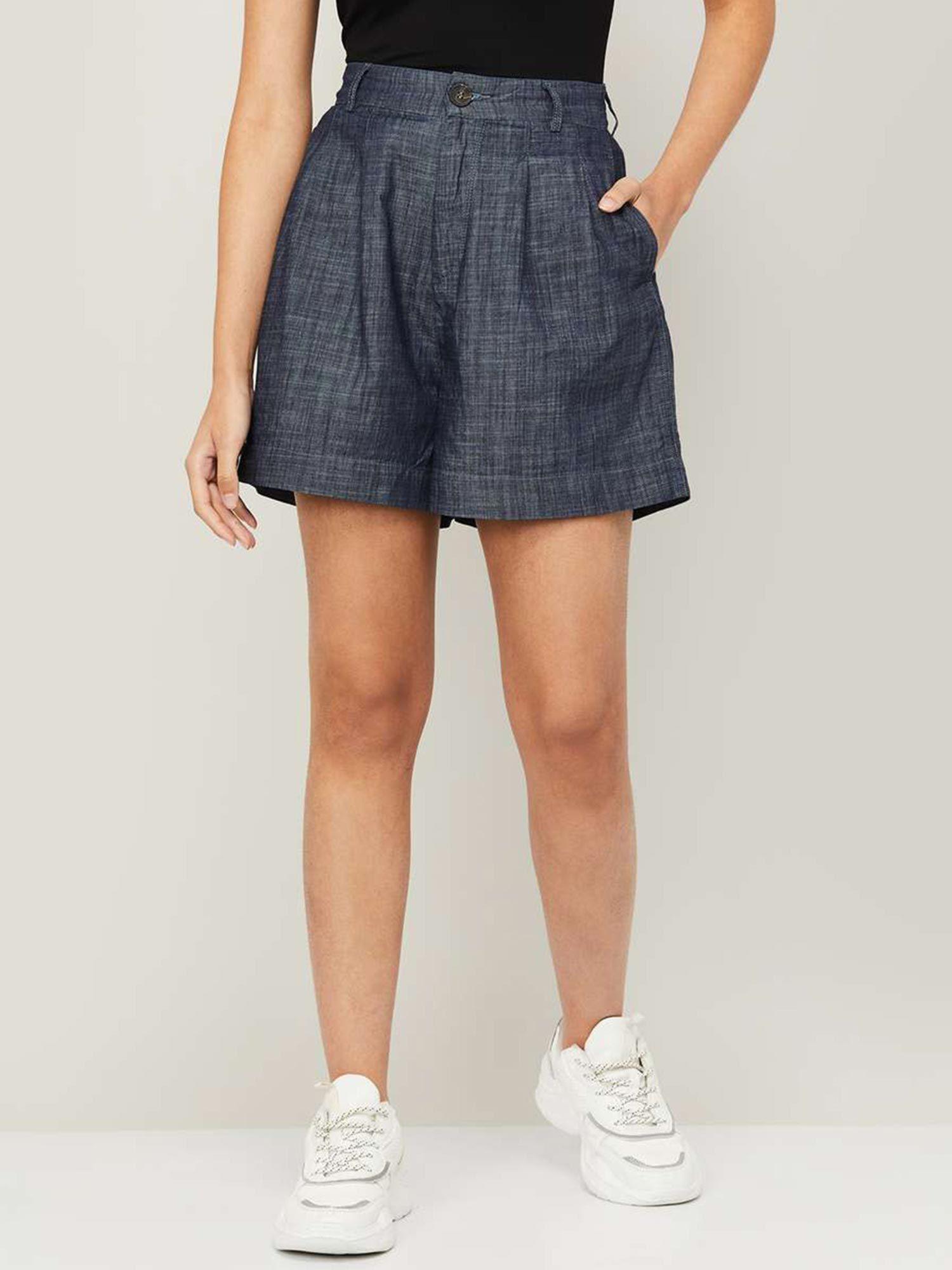 women blue pleated bermuda shorts