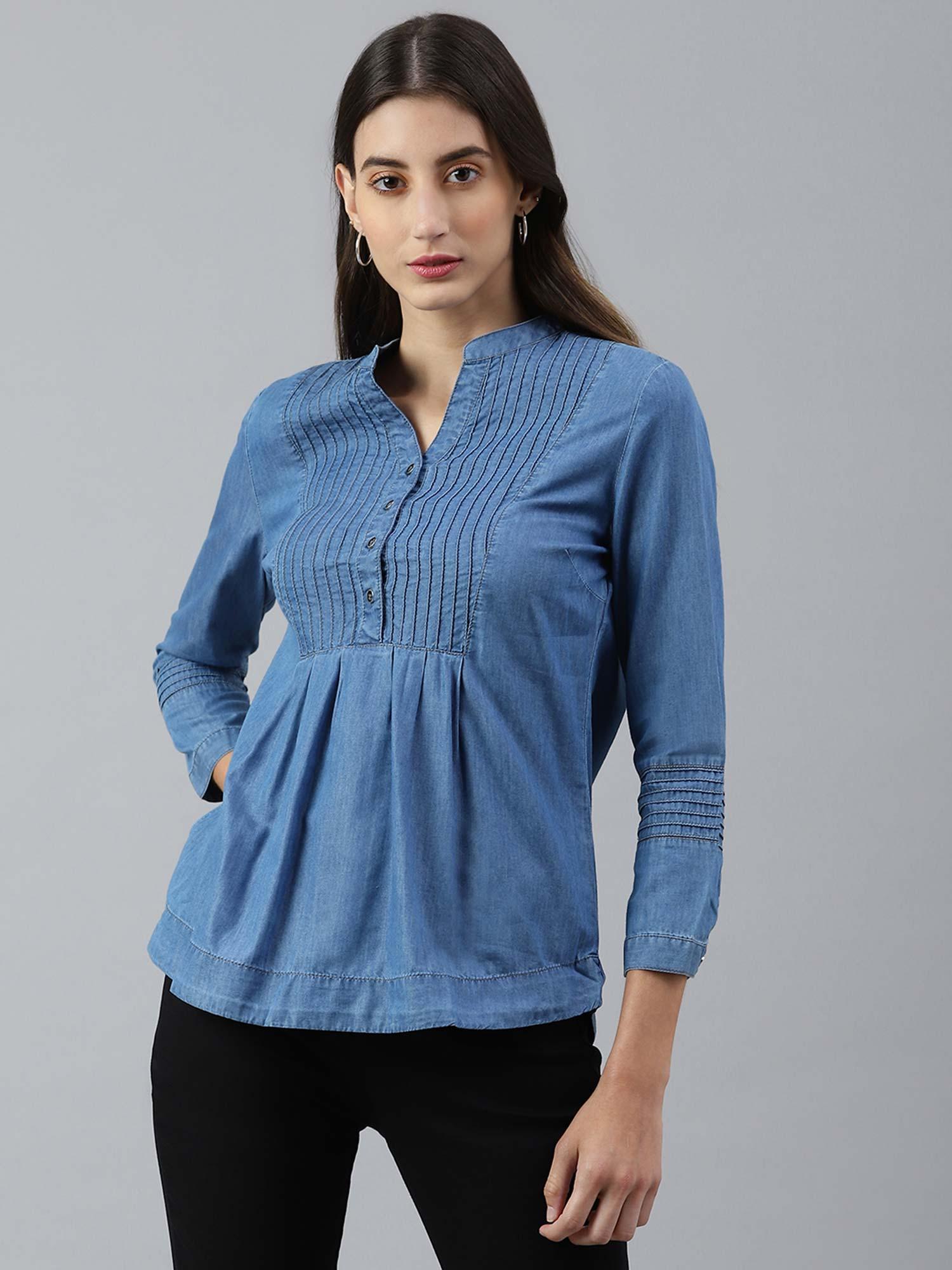 women blue pleated denim pure cotton top