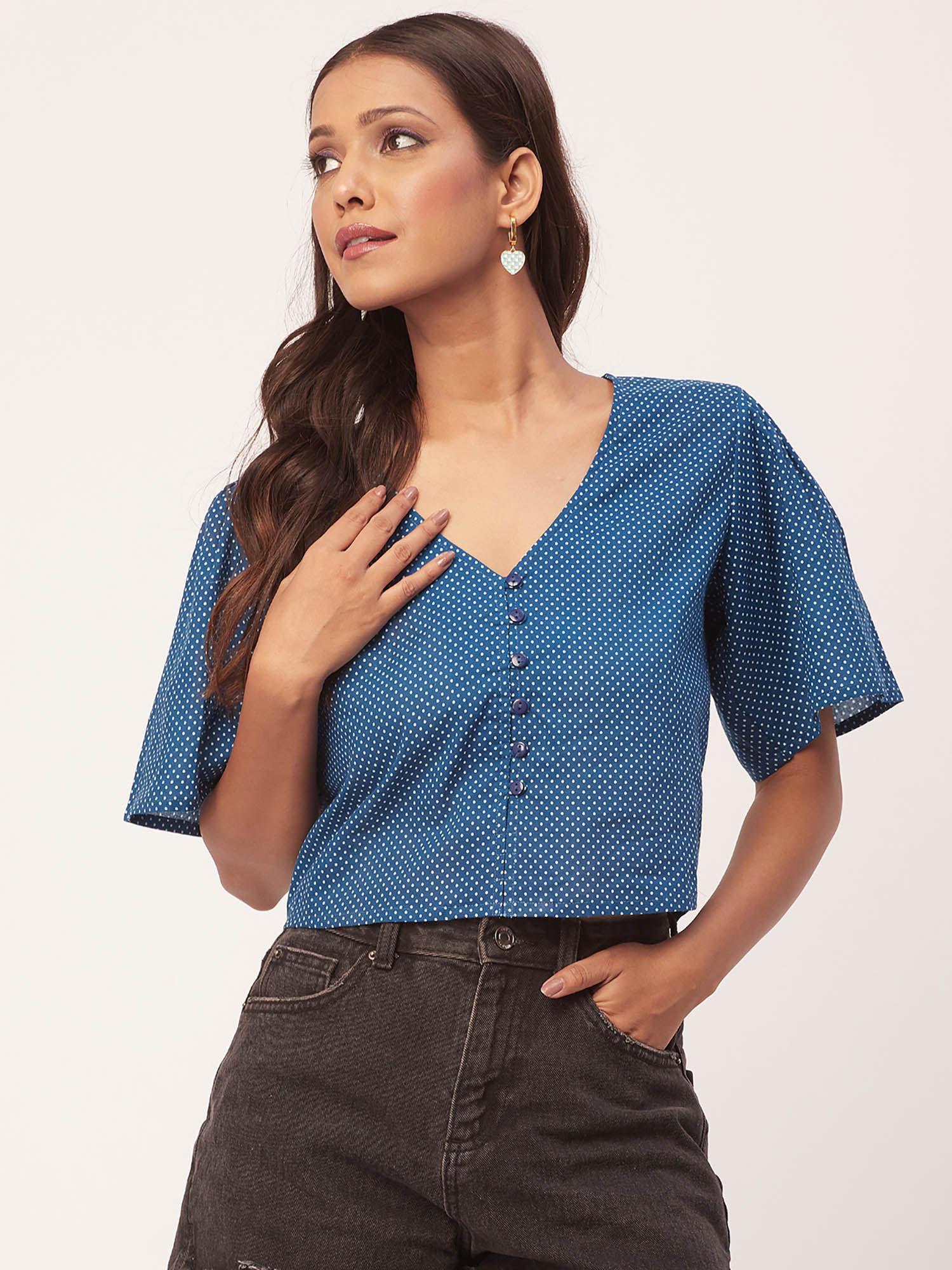 women blue polka dots button down crop top