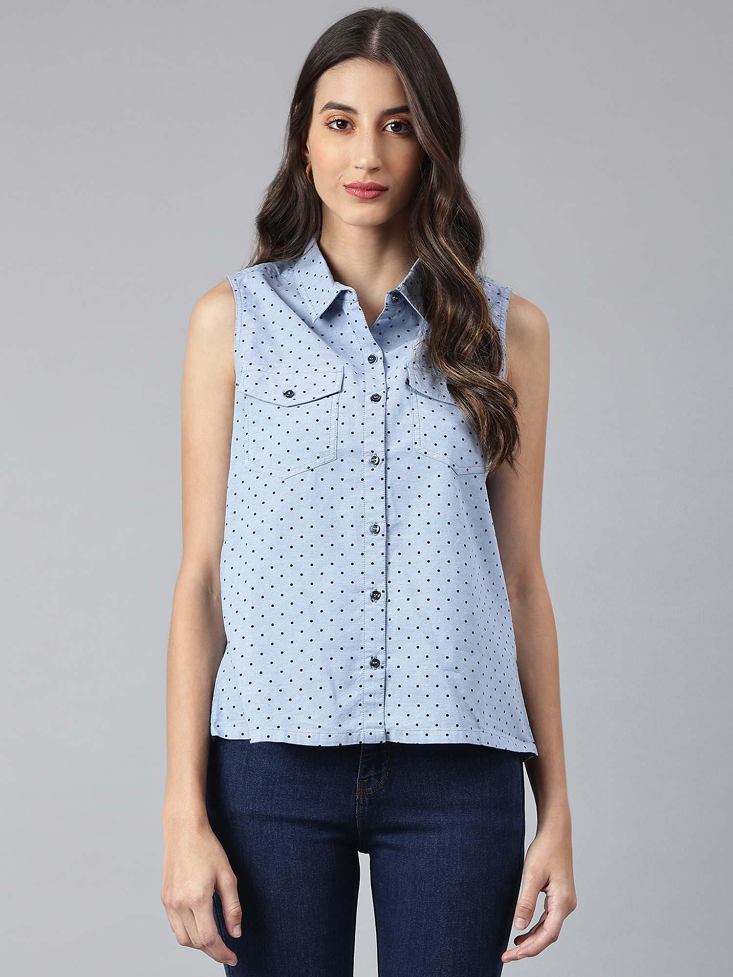 women blue polka dots shirt style top