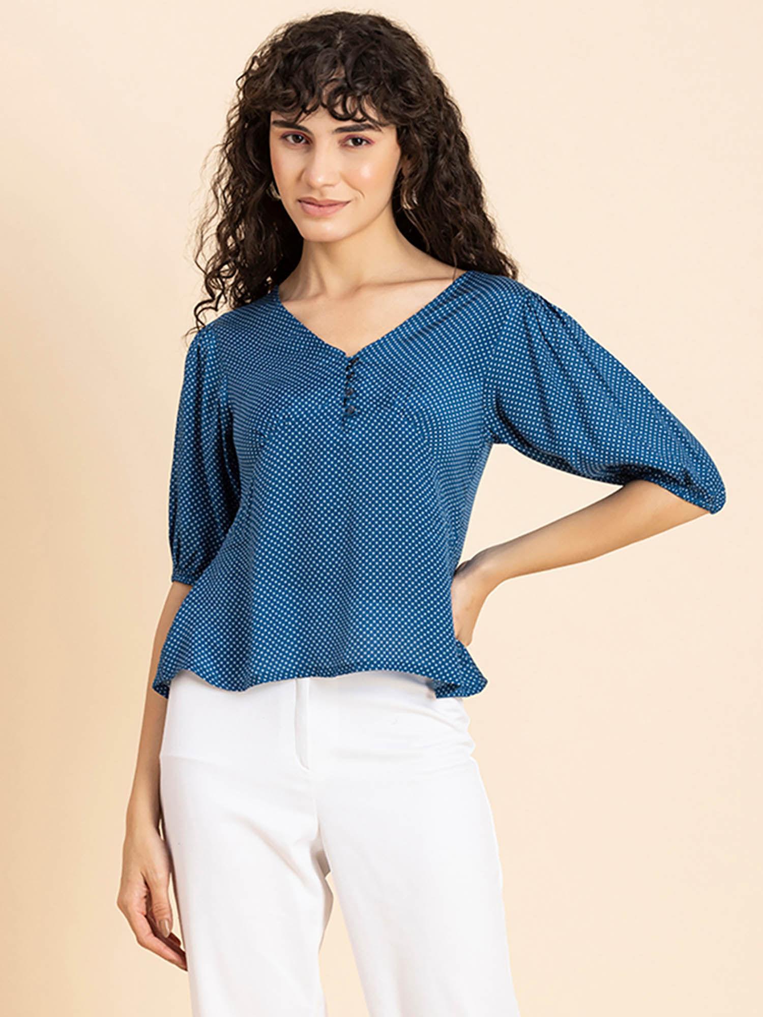 women blue polka dots v-neck viscose top