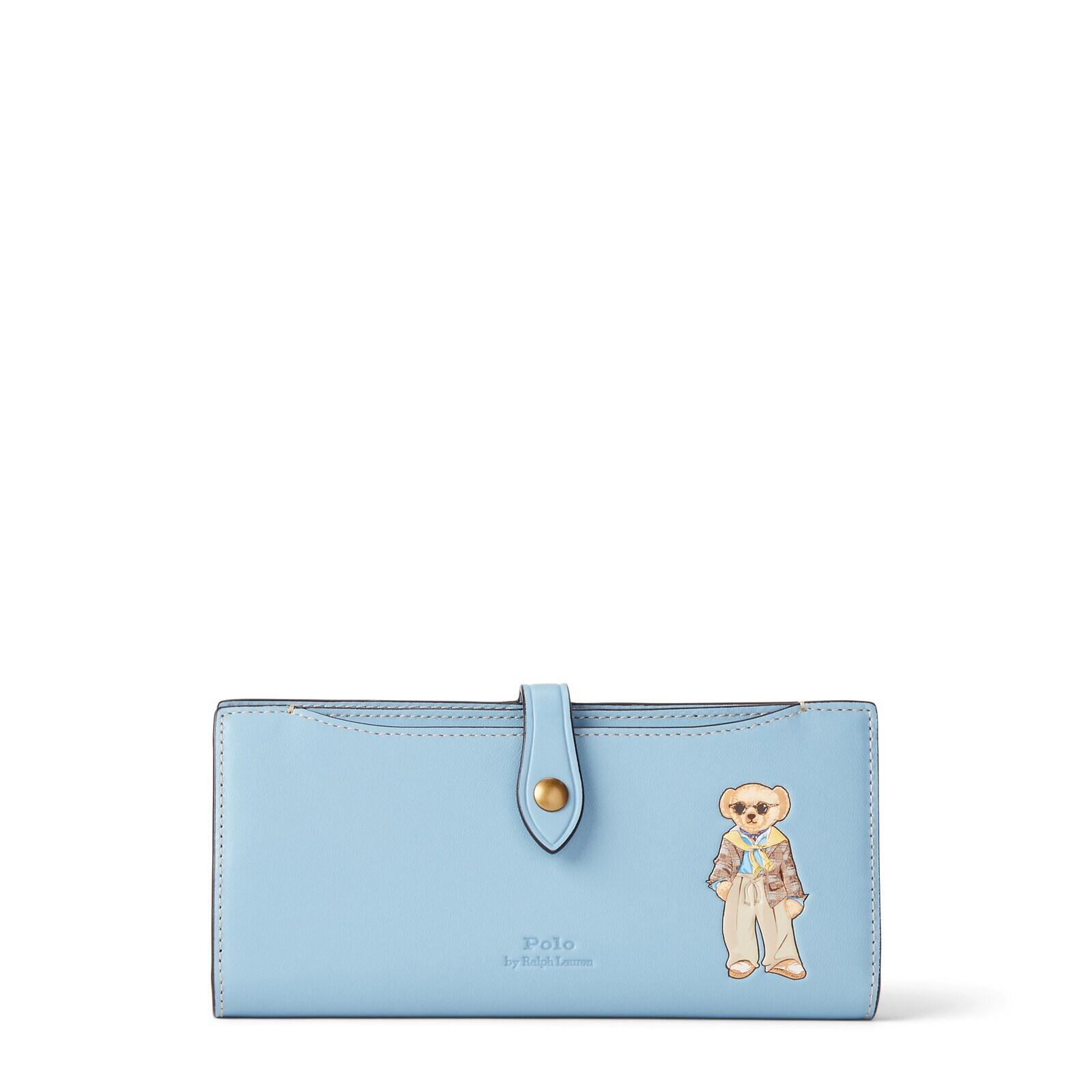 women blue polo bear leather snap wallet