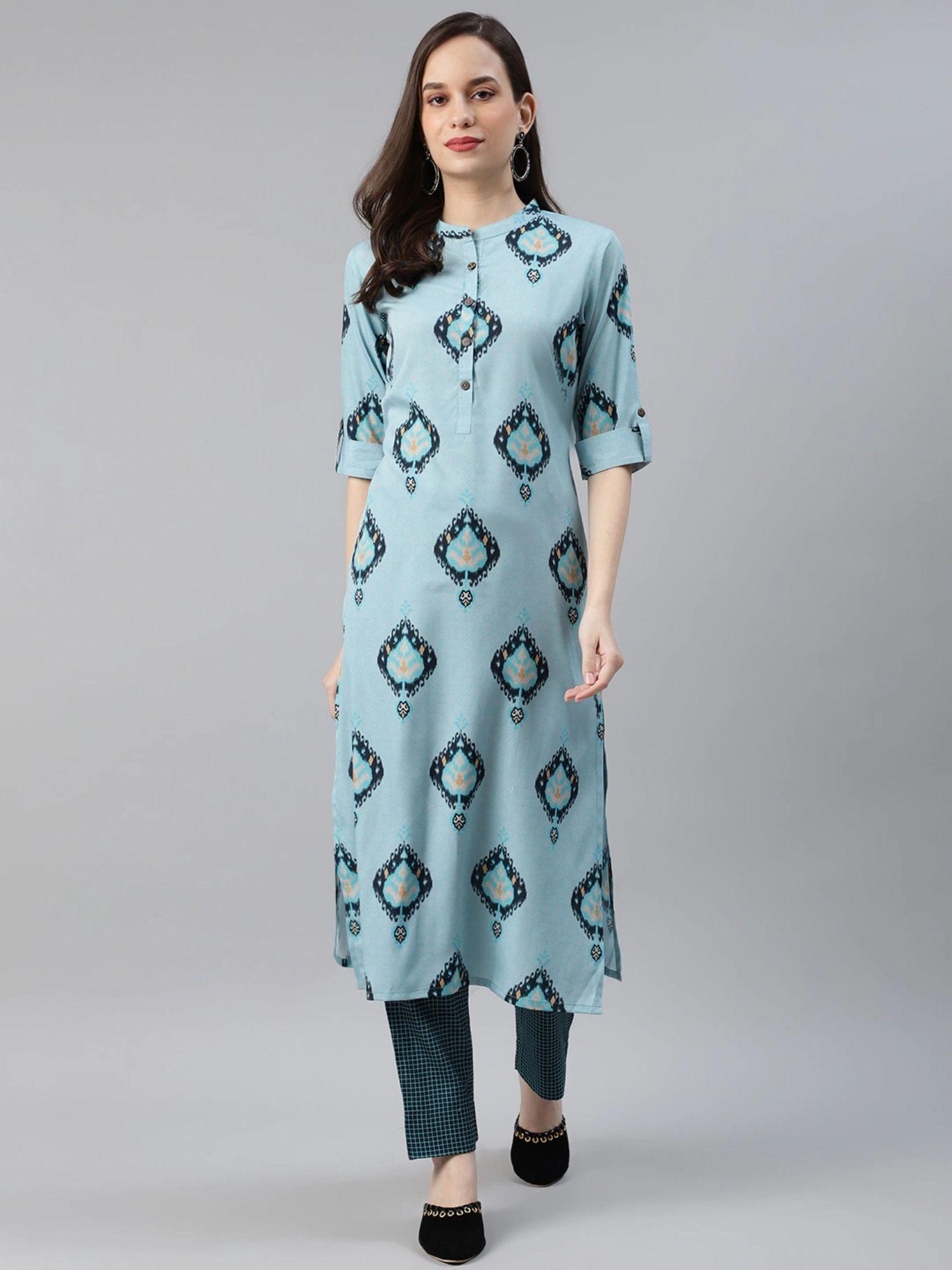 women blue poly crepe printed straight kurta trouser (set of 2)