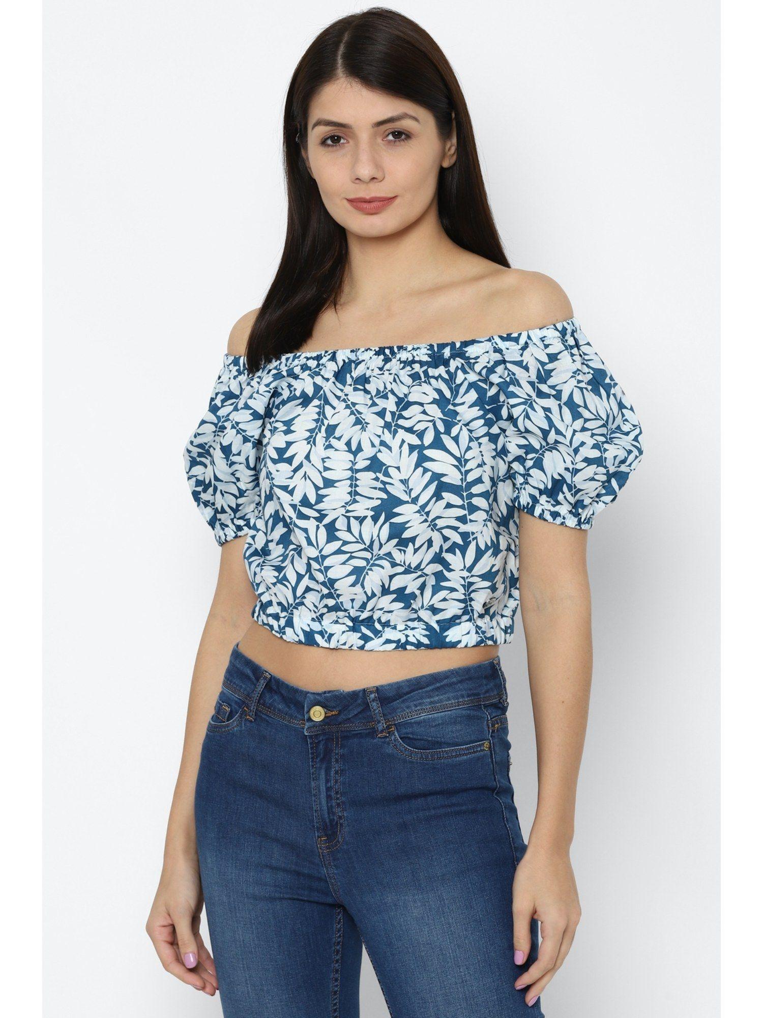 women blue print casual crop top