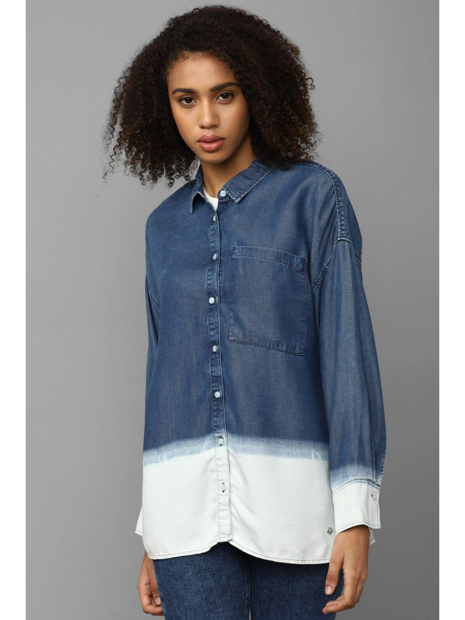 women blue print long sleeves shirt