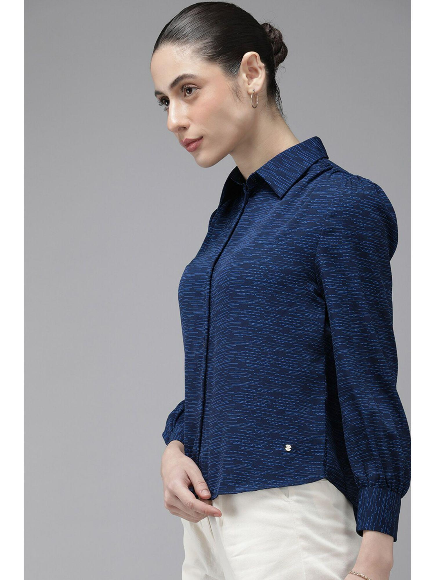 women blue print long sleeves shirt