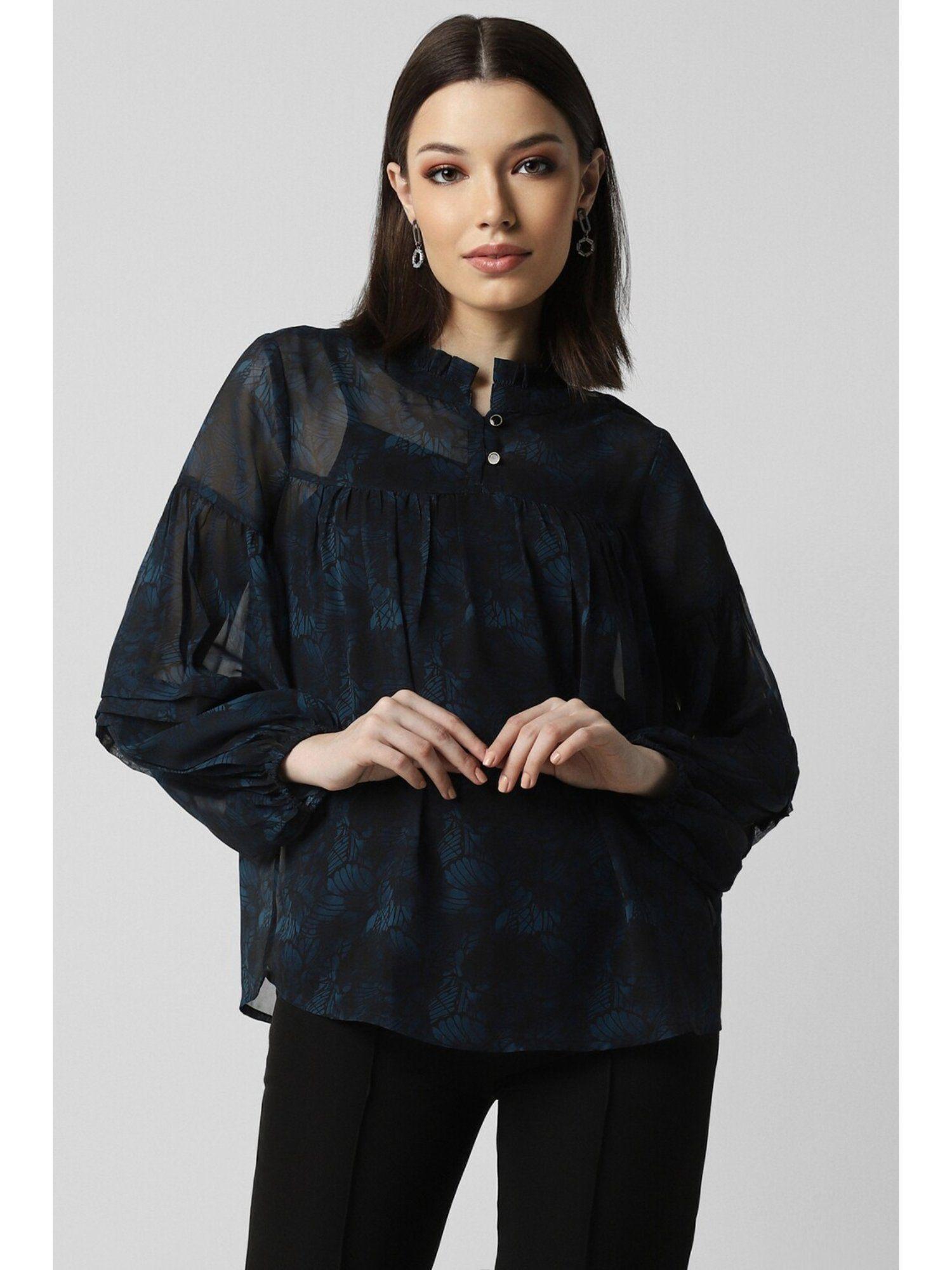 women blue print long sleeves tunic