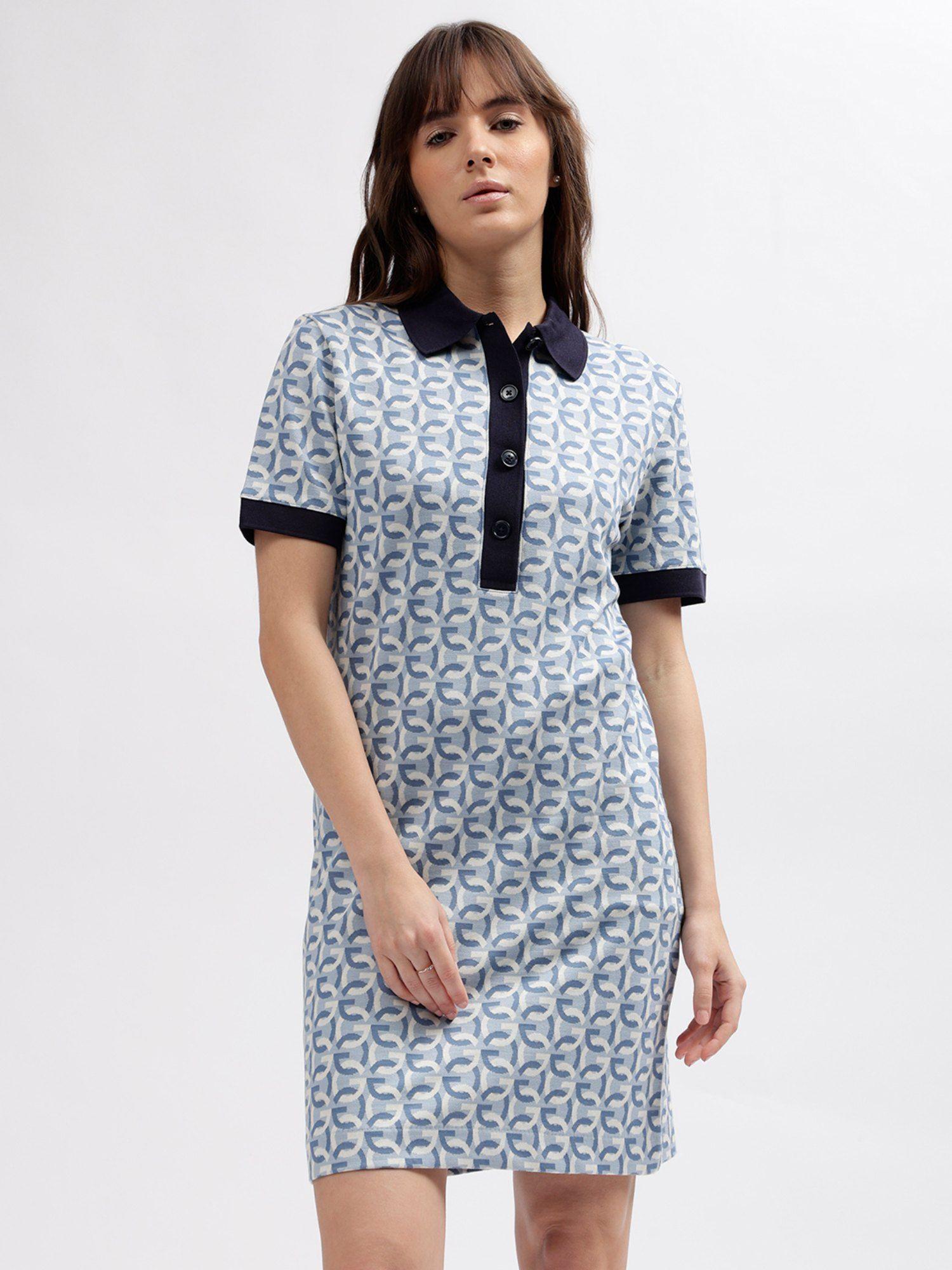women blue printed collar short sleeves dress