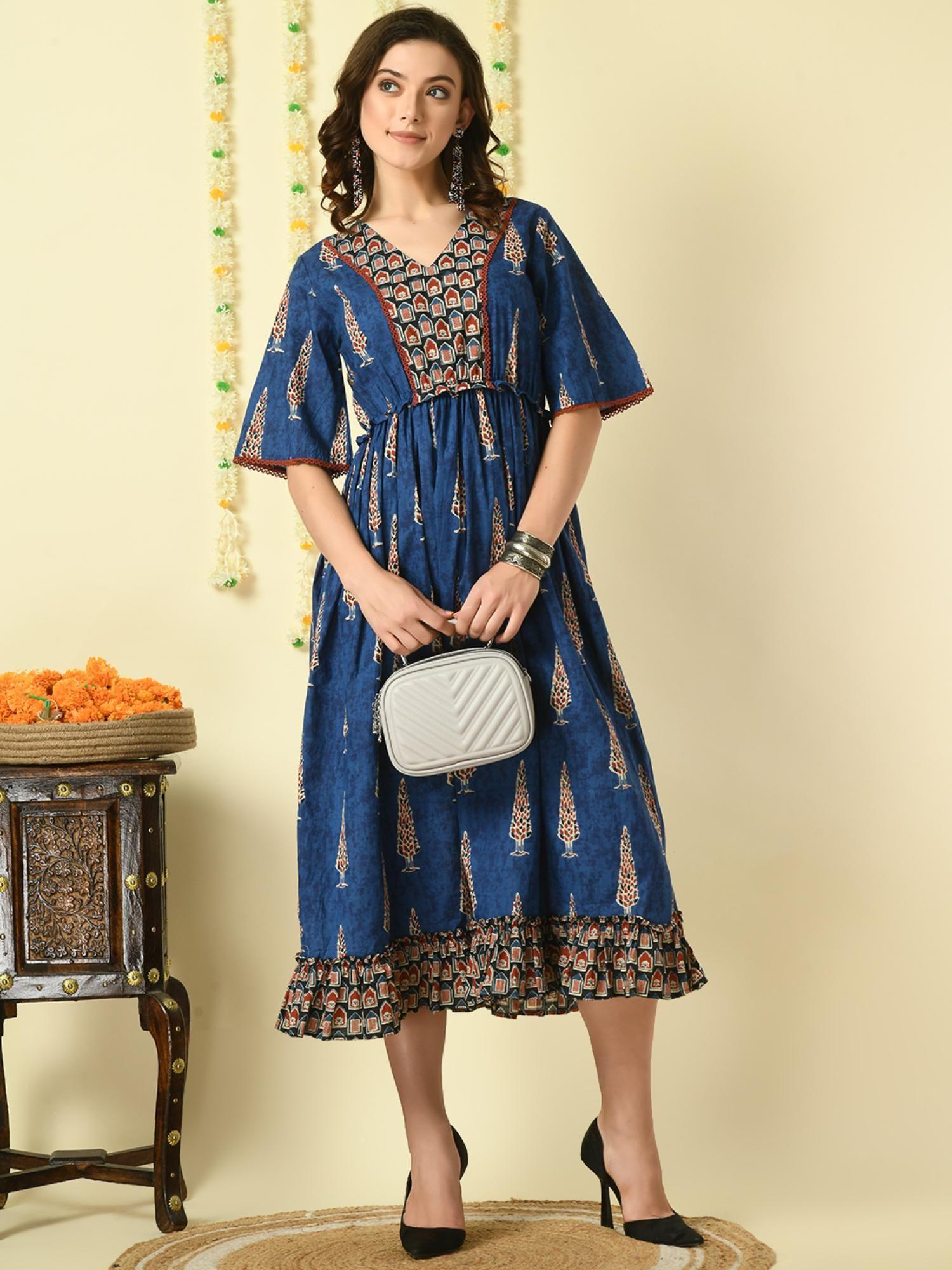 women blue printed cotton party dress