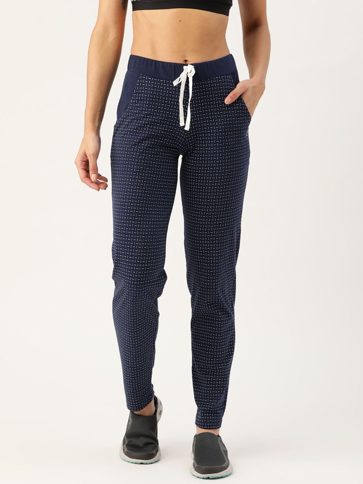 women blue printed cotton straight fit track pant