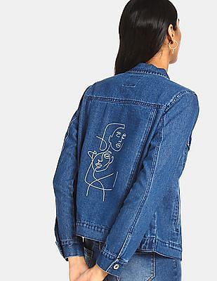 women blue printed denim jacket